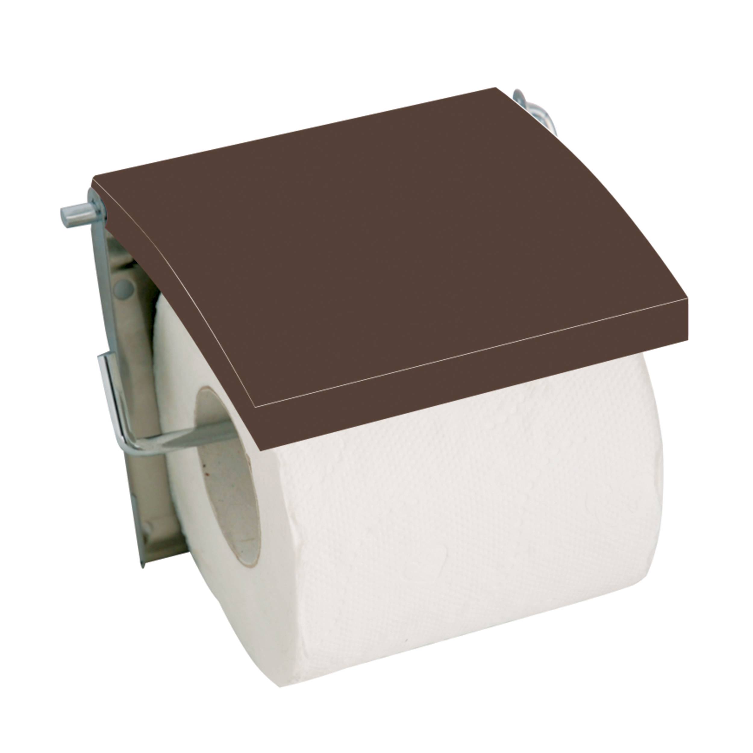 Wandmontierte Toilettenpapierhalter mit braunem Deckel und eine Rolle Toilettenpapier