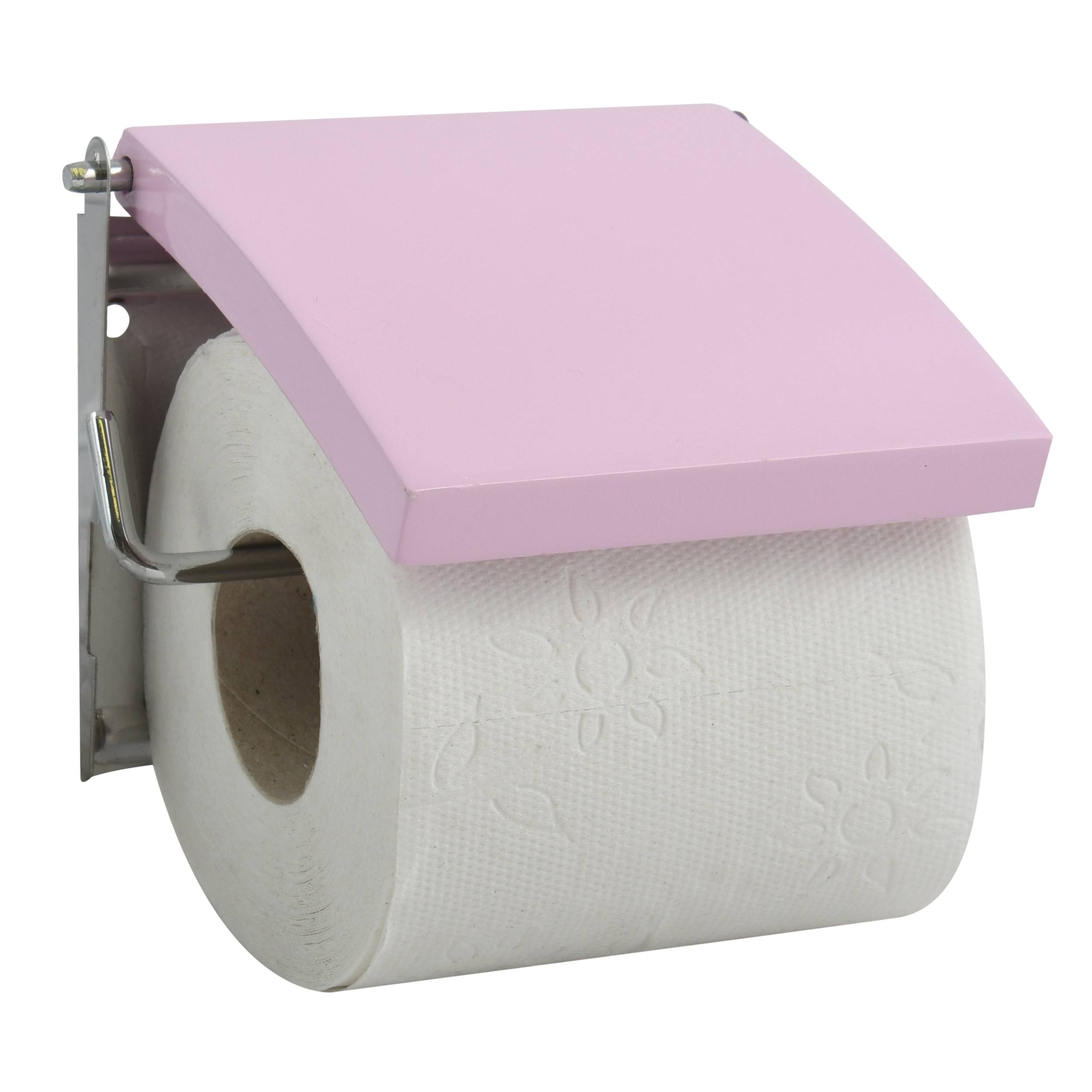 Wandmontierter Toilettenpapierhalter mit rosafarbenem Deckel, der eine Rolle weißes Toilettenpapier hält.