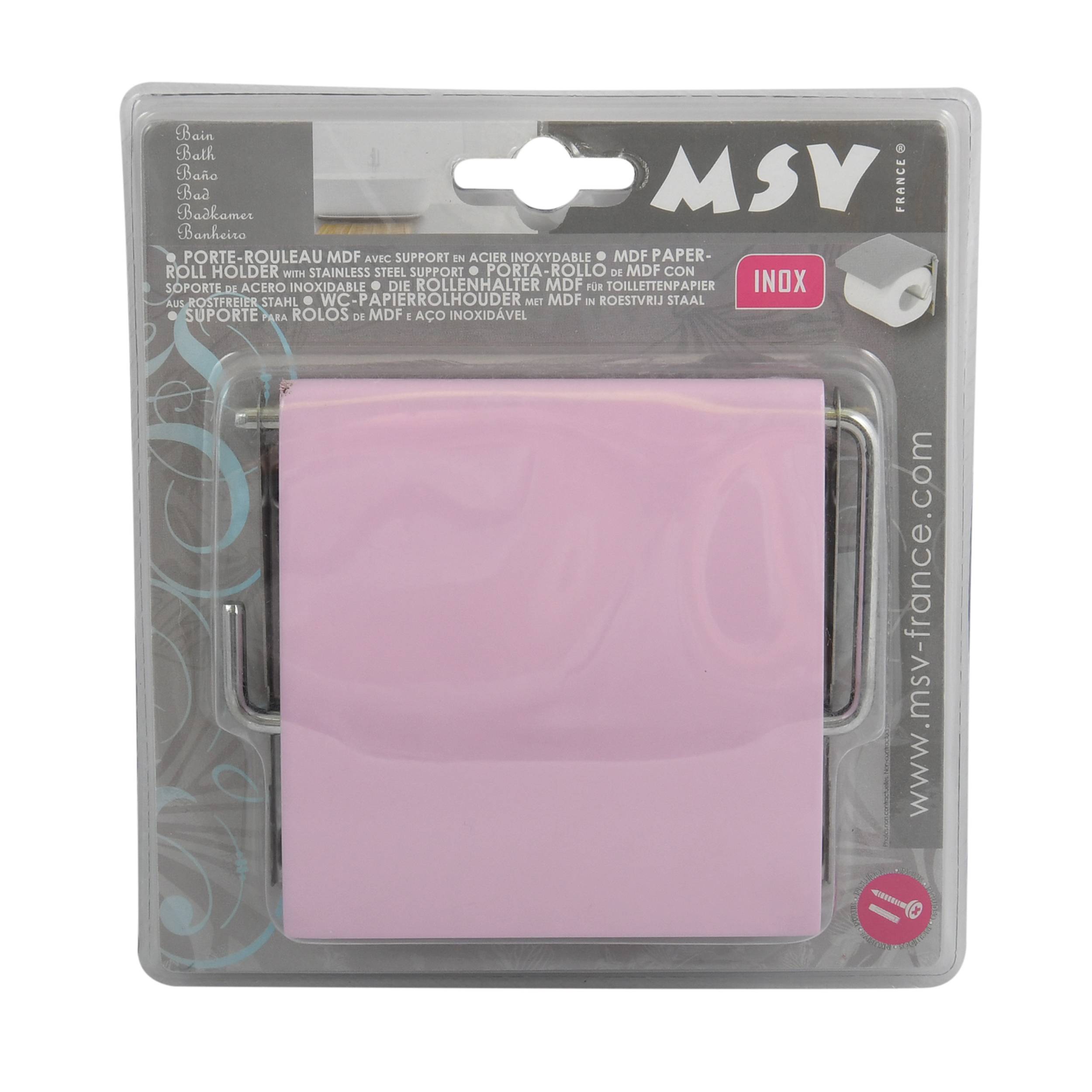 Verpackter rosafarbener quadratischer Toilettenpapierhalter von MSV, gezeigt in Einzelhandels-Blisterverpackung mit „INUX"-Etikett und Produkttext.