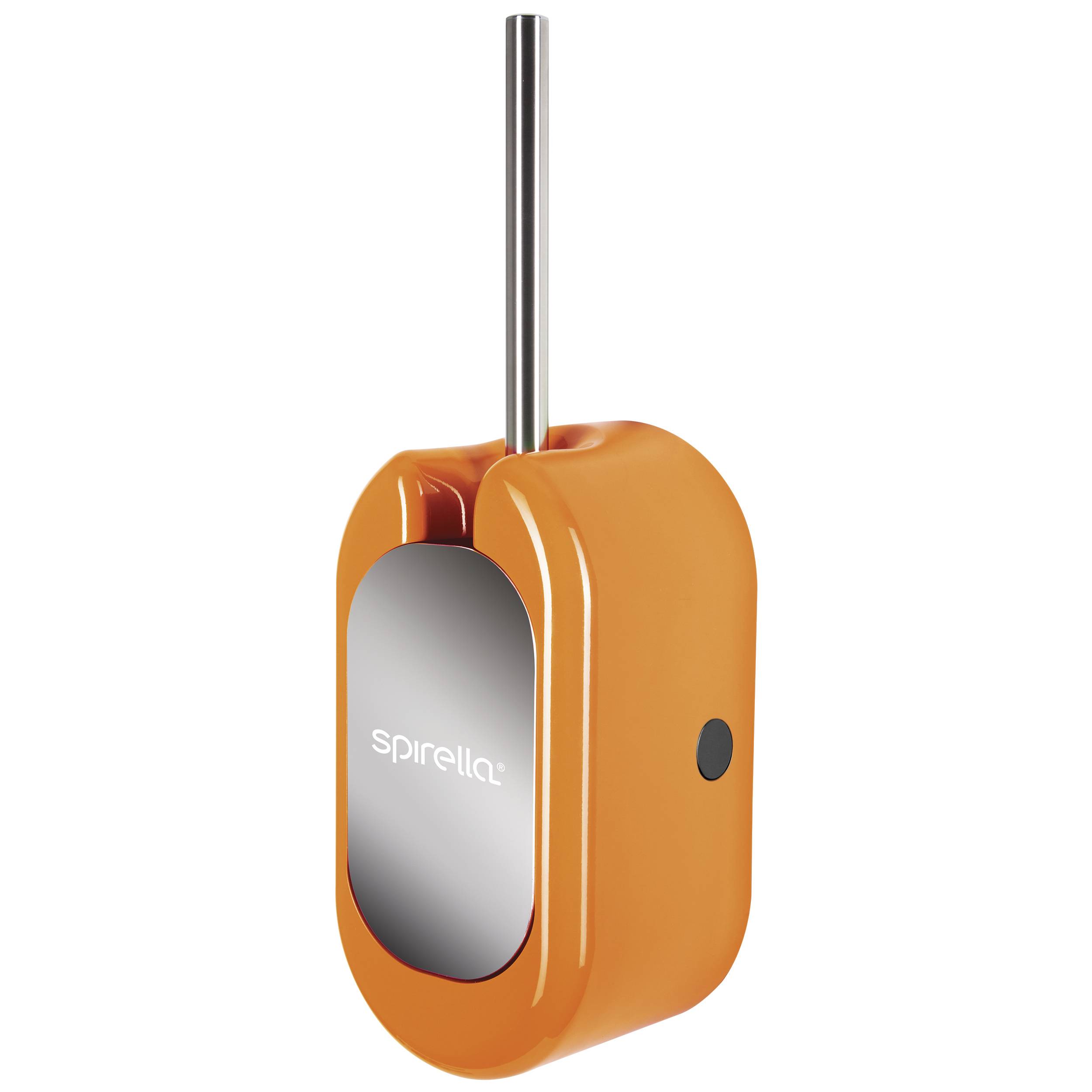 Orange tragbarer elektrischer Aufschäumer mit edelstahlerner Quirlwelle und grauem Frontpanel mit der Bezeichnung 