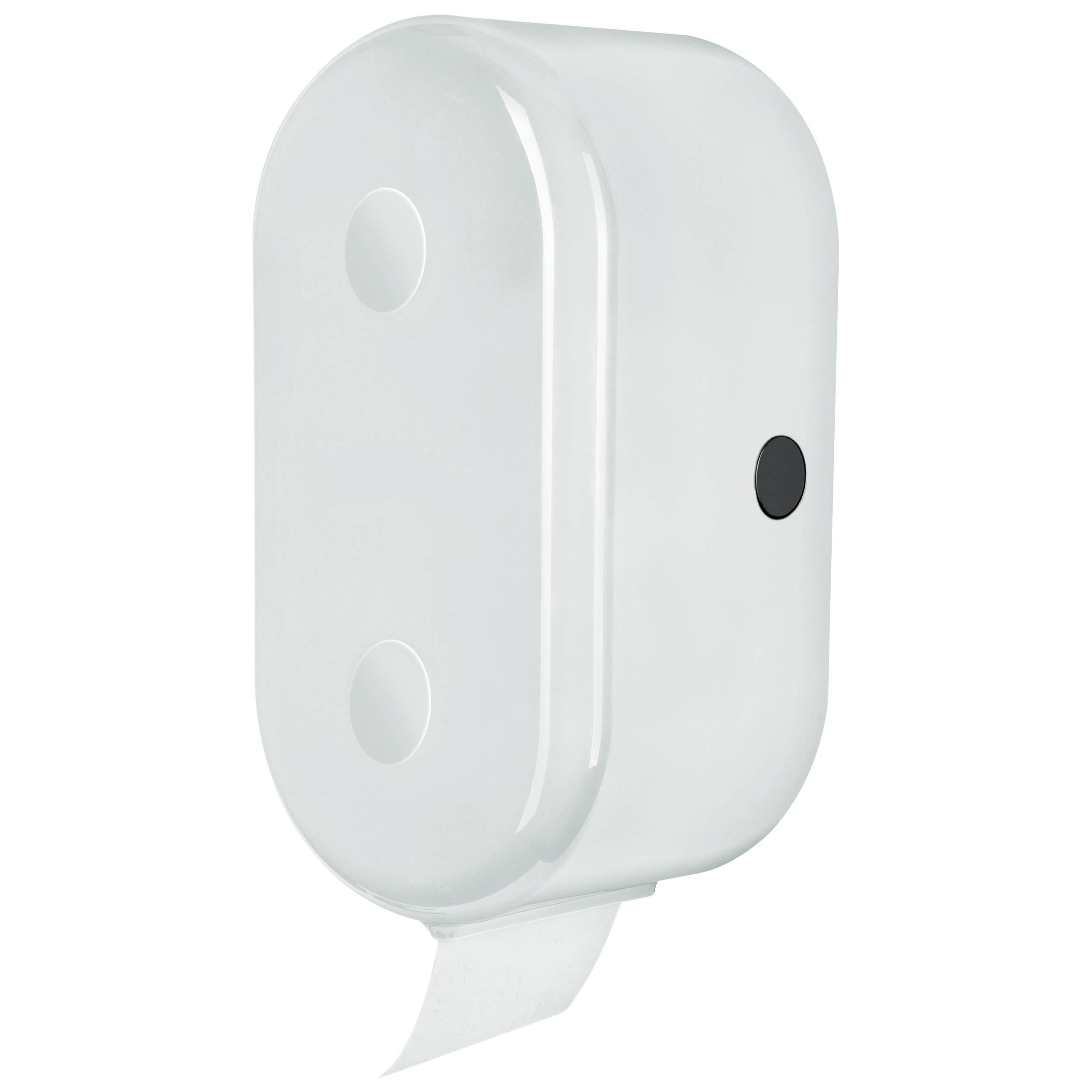 Weißer automatischer Toilettenpapierspender mit Seitensensor und Papierfütterungsöffnung.