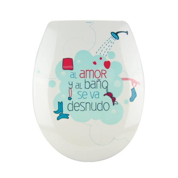 Weißweinglas mit spanischem Text „al amor y al baño se va desnudo