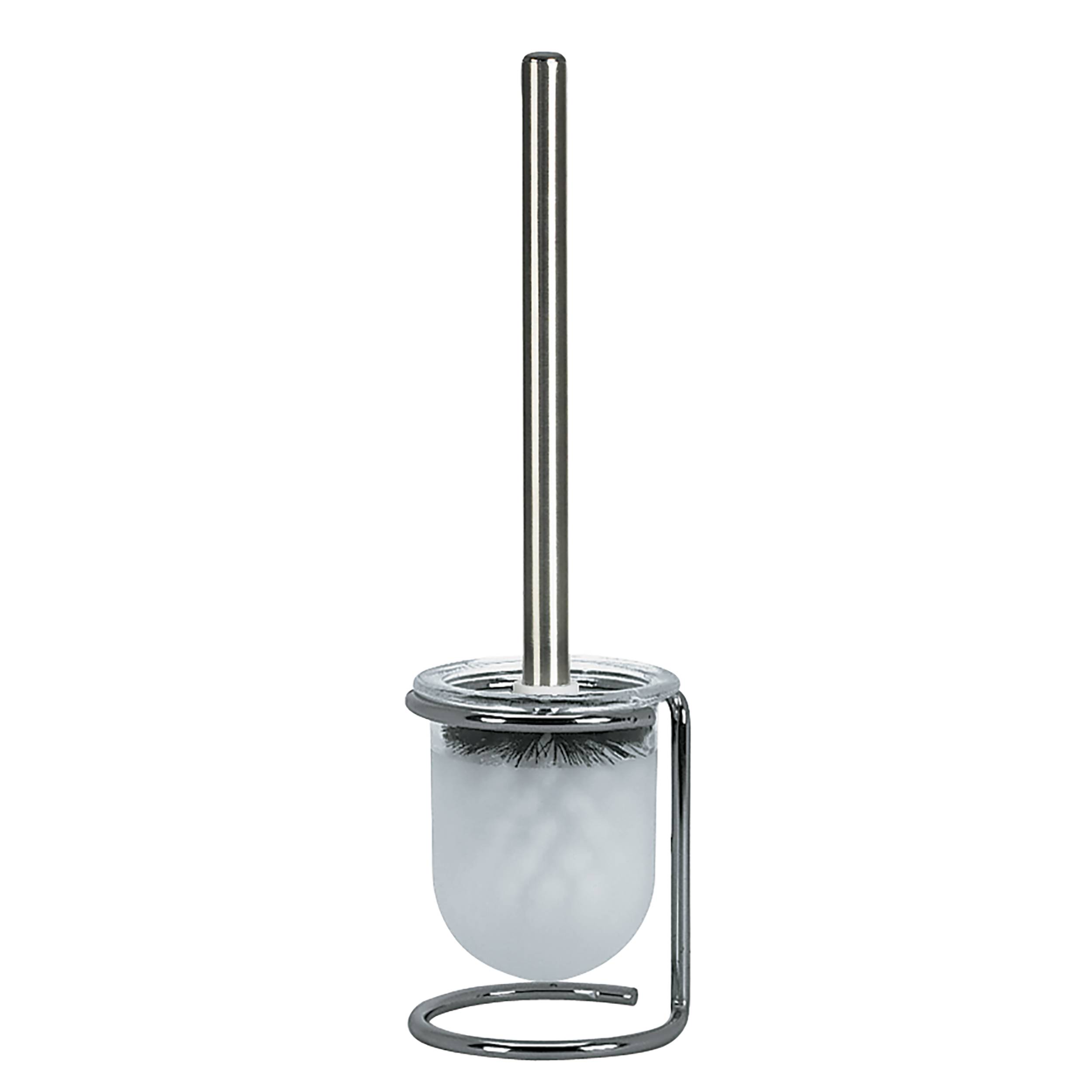 Toilettenbürste mit Metallgriff, rundem Bürstenkopf, weißem Bürstenhalter und verchromtem Ständer auf neutralem Hintergrund.