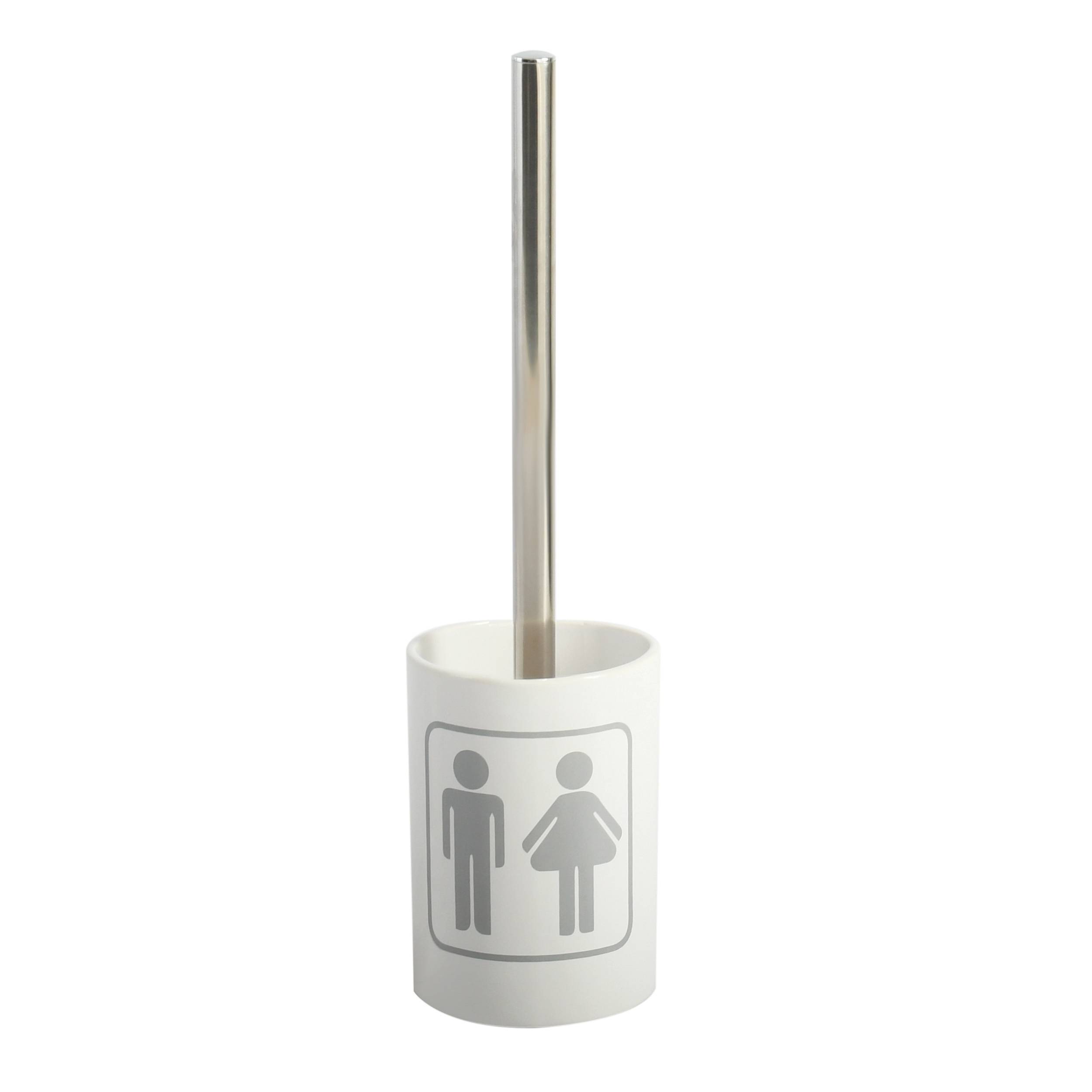 Toilettenbürste mit weißem Halter, gekennzeichnet mit Symbolen für Herren- und Damentoiletten, isoliert auf weißem Hintergrund.
