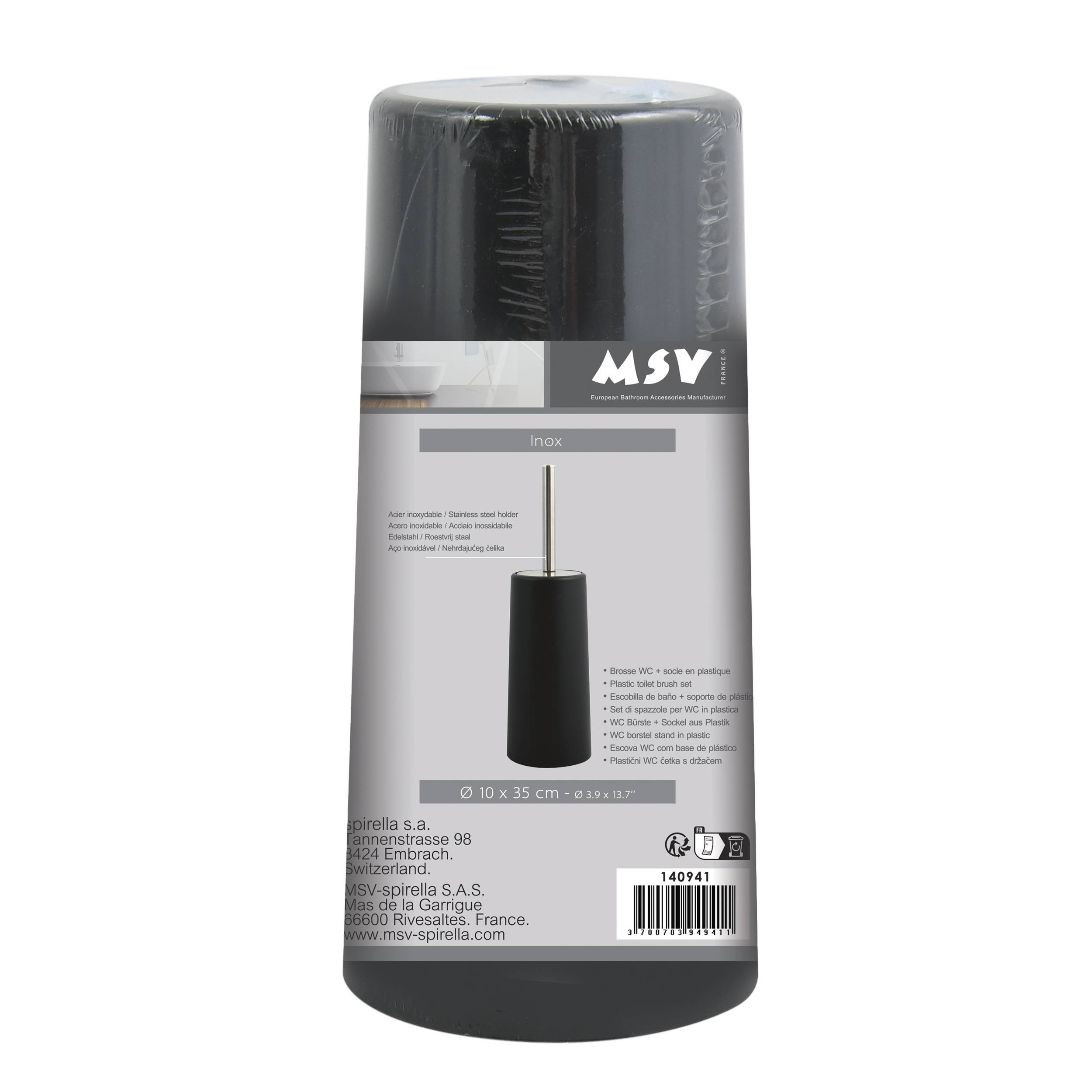 Schwarze Toilettenbürste in einem zylindrischen Behälter, gezeigt in Produktverpackung mit der Bezeichnung „MSV" und „Inox"".