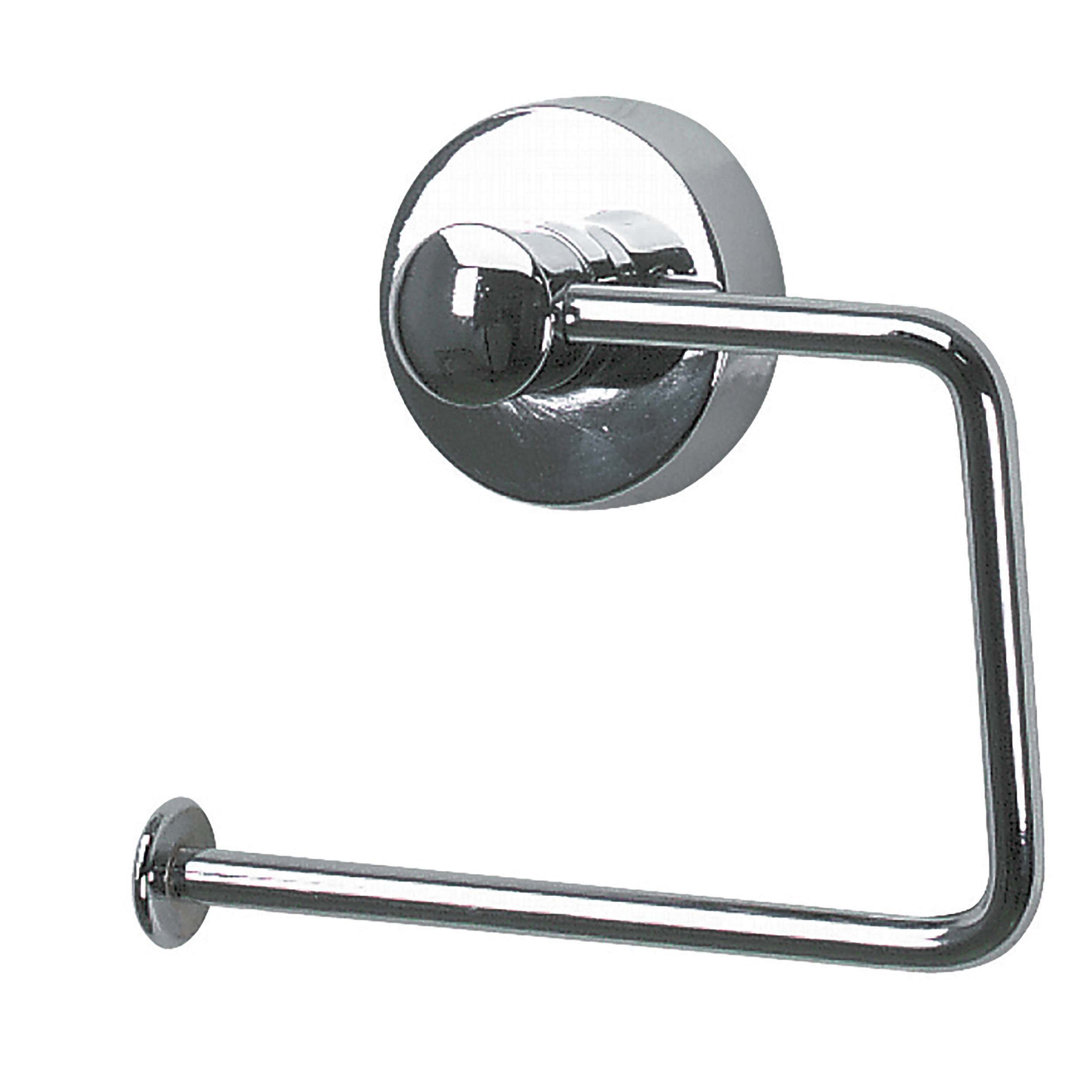 Toilettenpapierhalter aus Chrom mit offenem rechteckigem Arm, montiert auf einer runden Wandbasis.