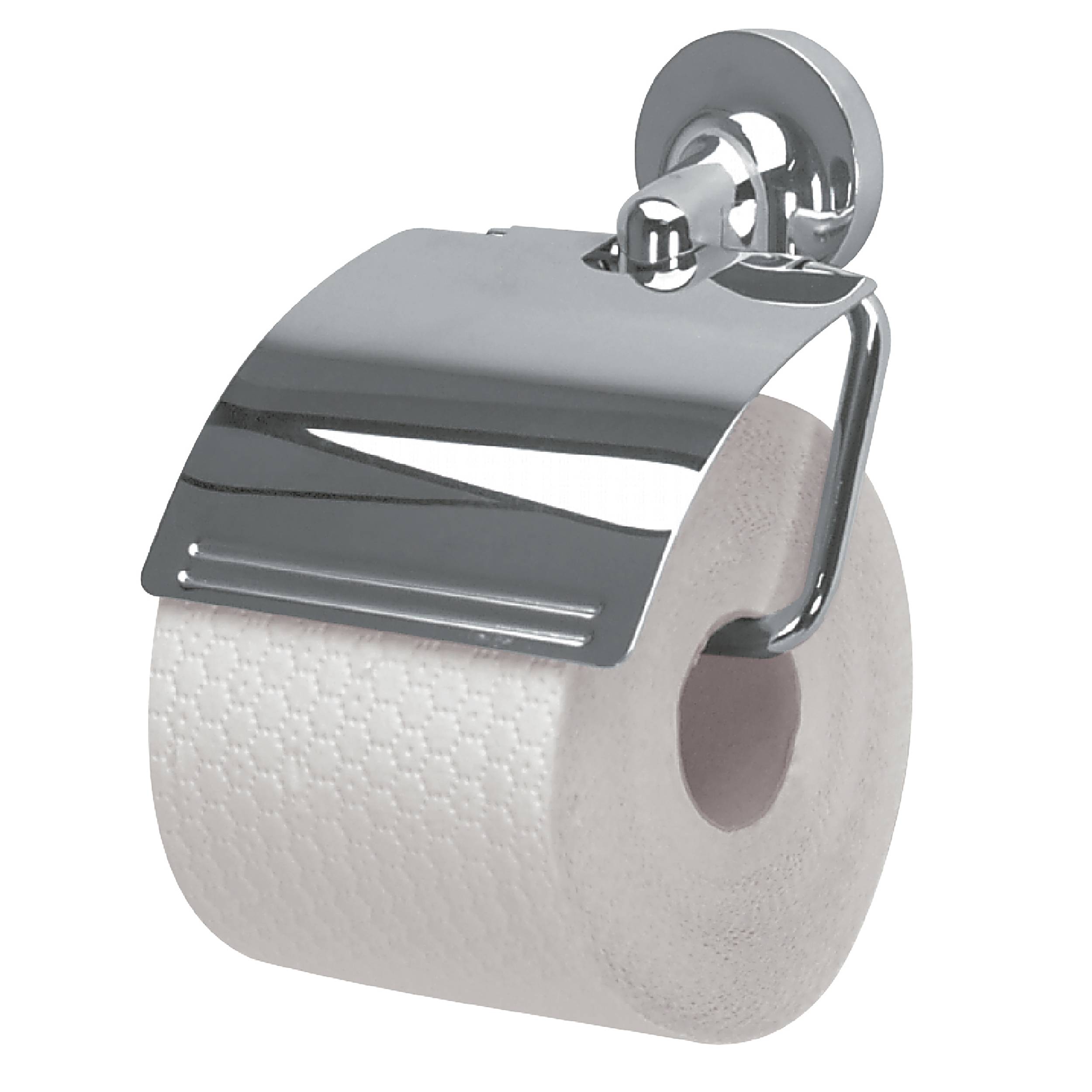 Verchromter Toilettenpapierhalter an der Wand montiert, mit einer Rolle Toilettenpapier.