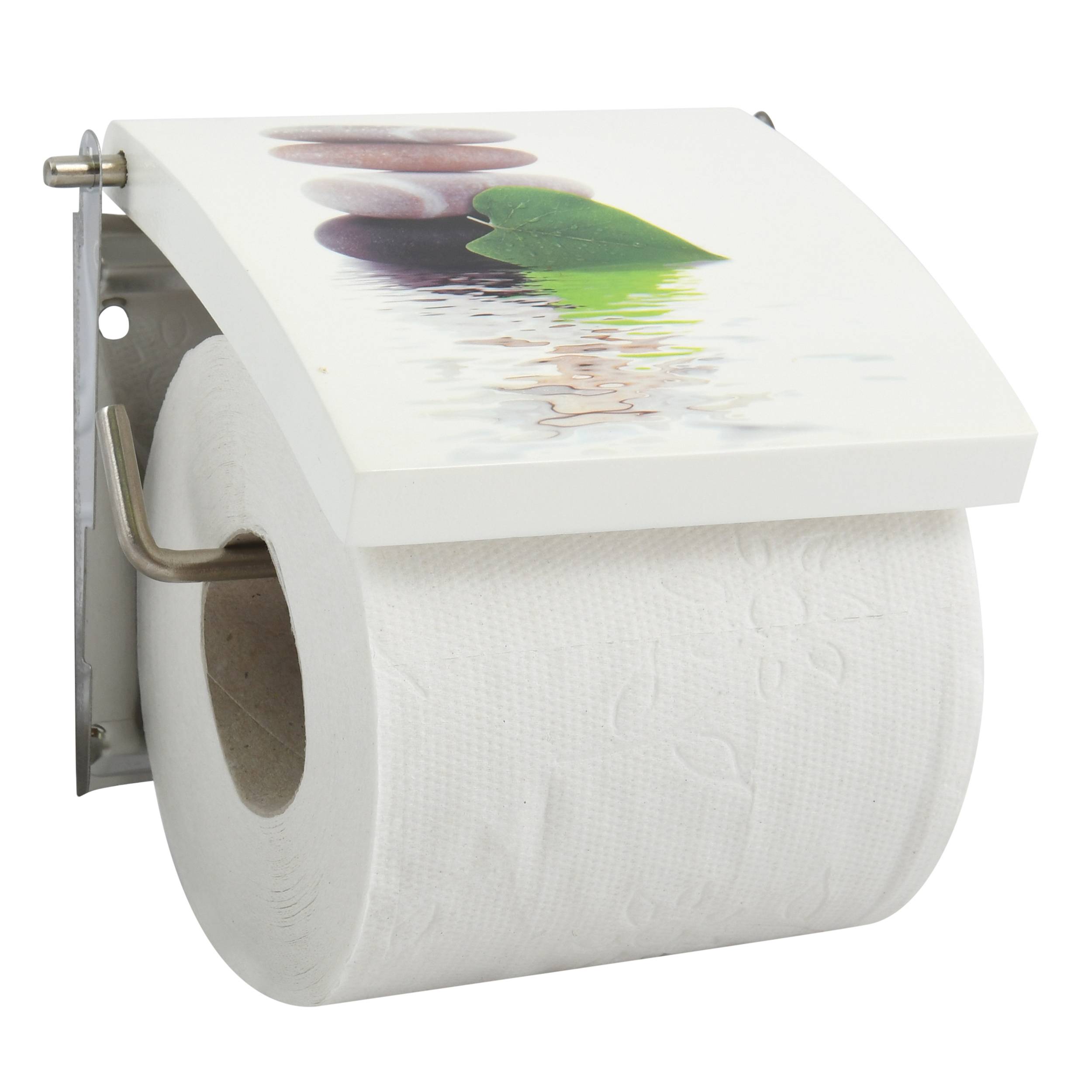 Wandmontierter Toilettenpapierhalter mit einer Rolle weißem Papier und einer dekorativen Oberseite mit Steinen und einem grünen Blatt.