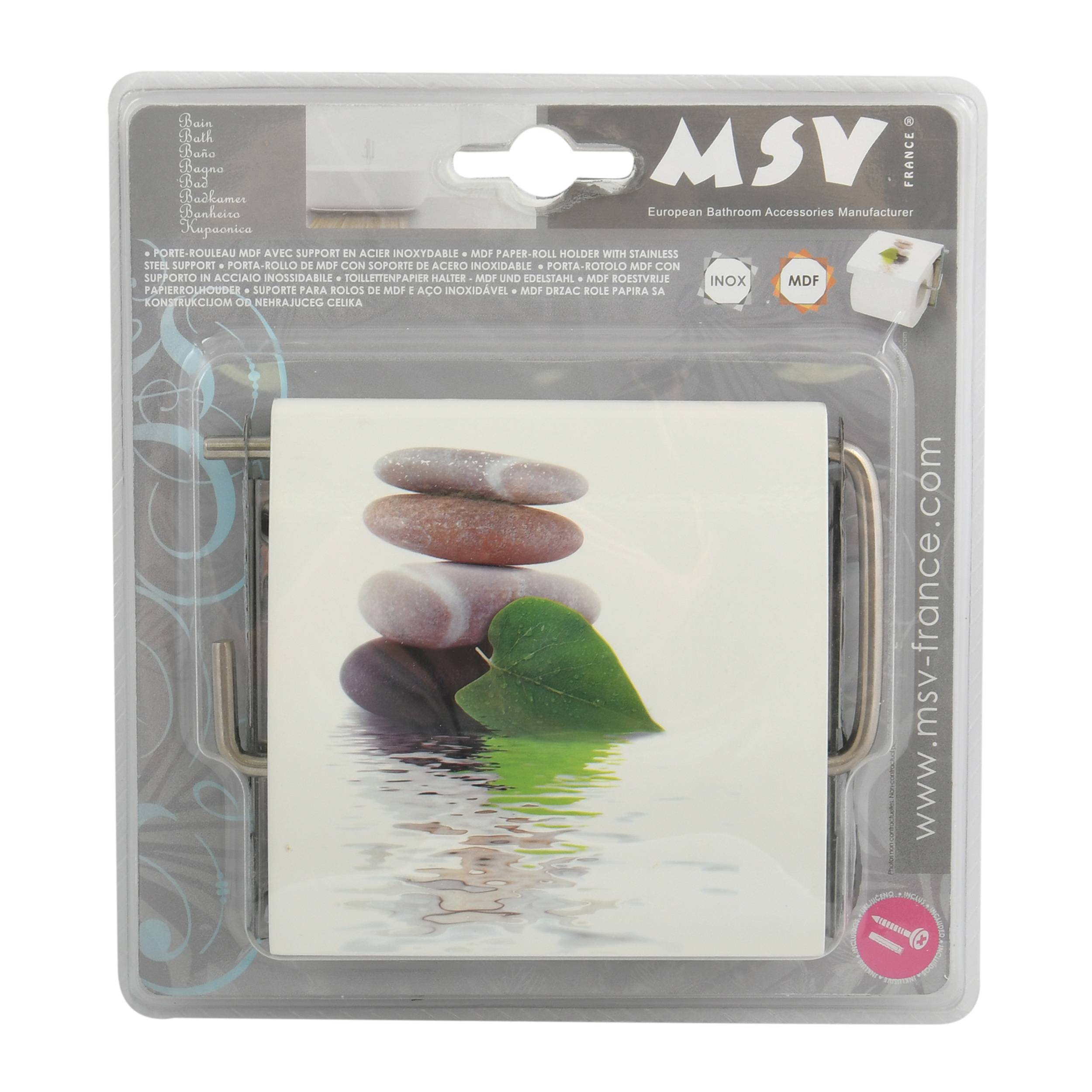 Verpacktes MSV-Badezimmerzubehör mit einem quadratischen Designpanel aus Stein und Blättern und Metallgriff, abgebildet in transparenter Einzelhandelverpackung.