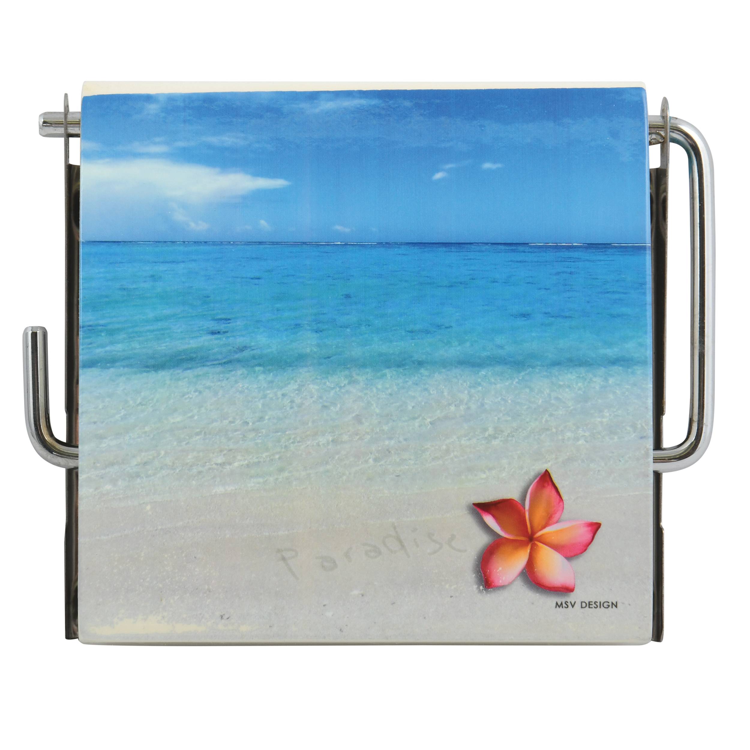Glasduschhalter mit einer Strandszene und rosa Blumenakzent in der unteren rechten Ecke, mit der Marke „MSV DESIGN