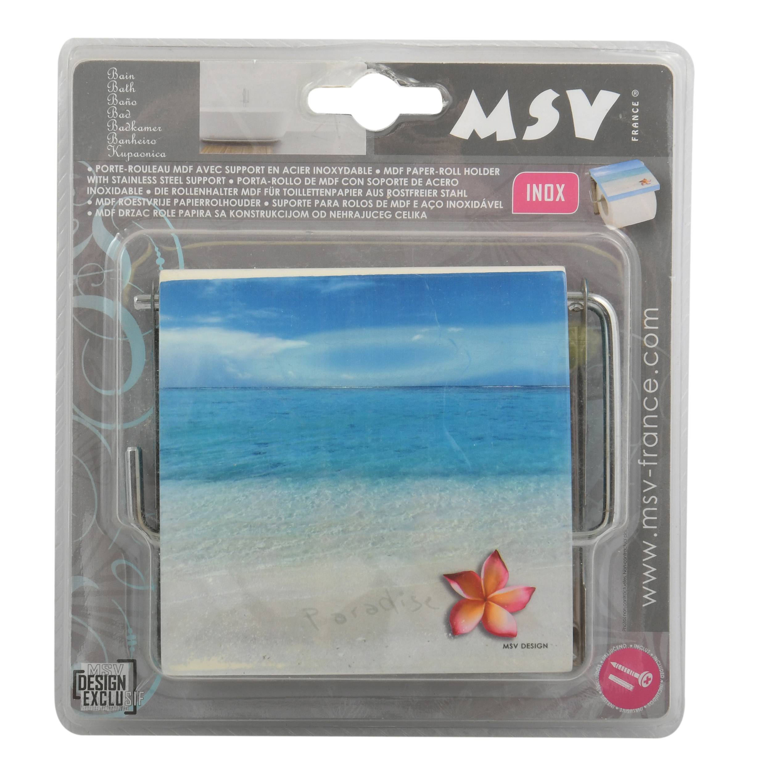 MSV-Markenhalter aus Edelstahl für Toilettenpapierrollen, verpackt mit einem strandthematischen Frontpanel und rosafarbenem Blumendesign.