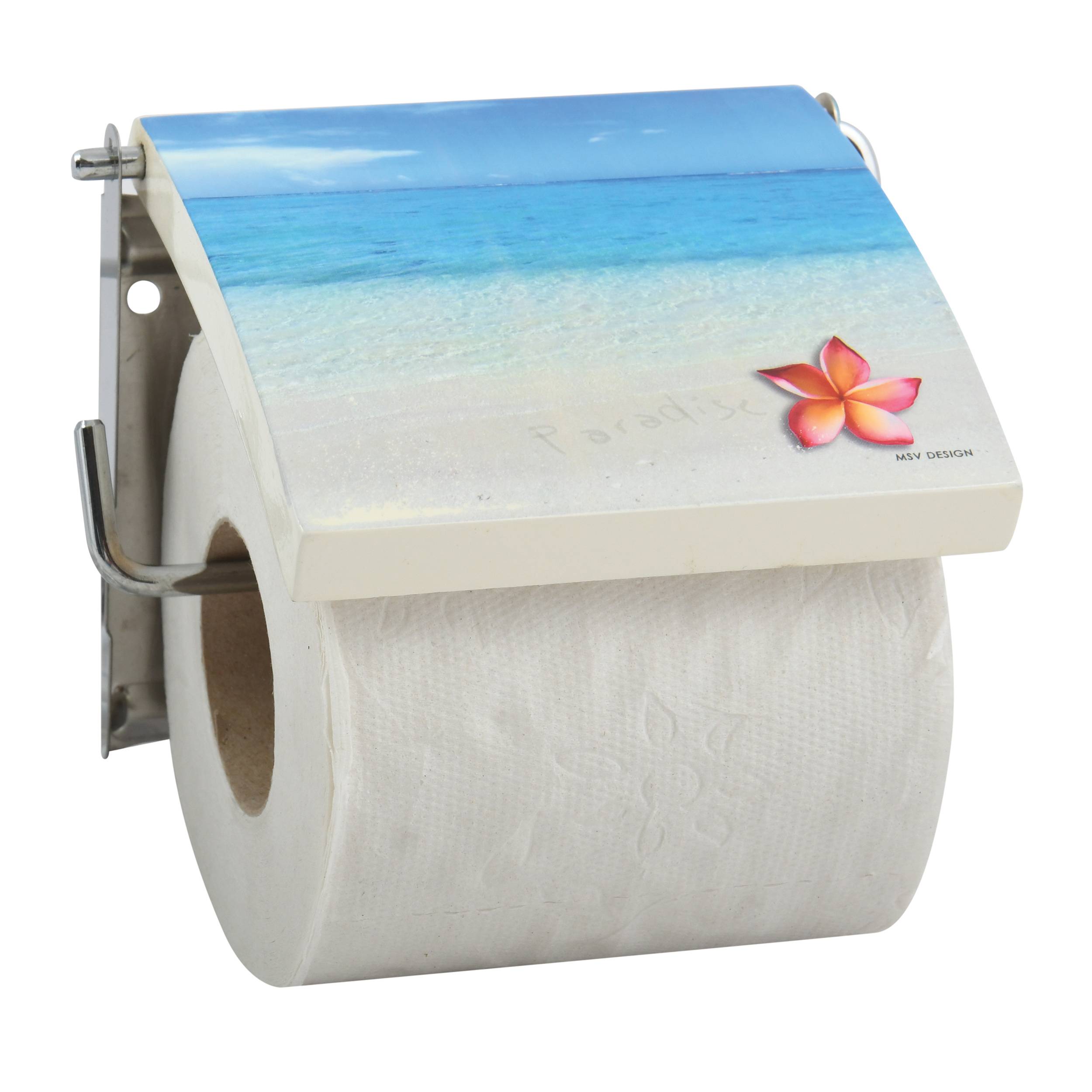 Toilettenpapierrolle in einem wandmontierten Halter mit Strandszenen-Abdeckung und rosa Blütenakzent.