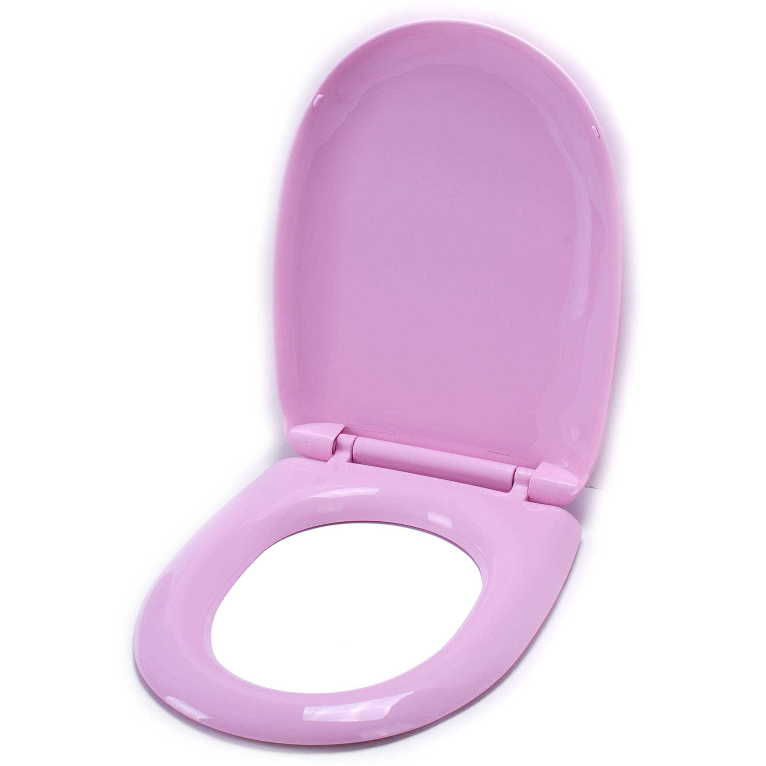 Offener rosa Toilettensitz mit ovalem Loch, vor einem weißen Hintergrund gezeigt.