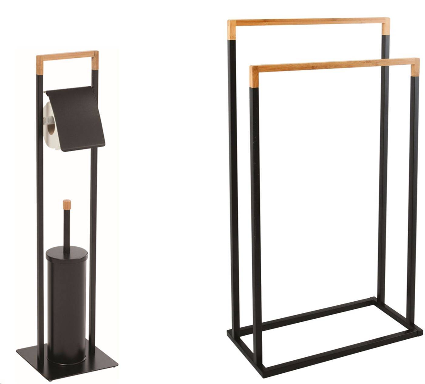 Schwarze Metall- und Holz-Badezimmeraccessoires-Set auf weißem Hintergrund: Toilettenbürstenhalter und zwei passende Handtuchhalter.