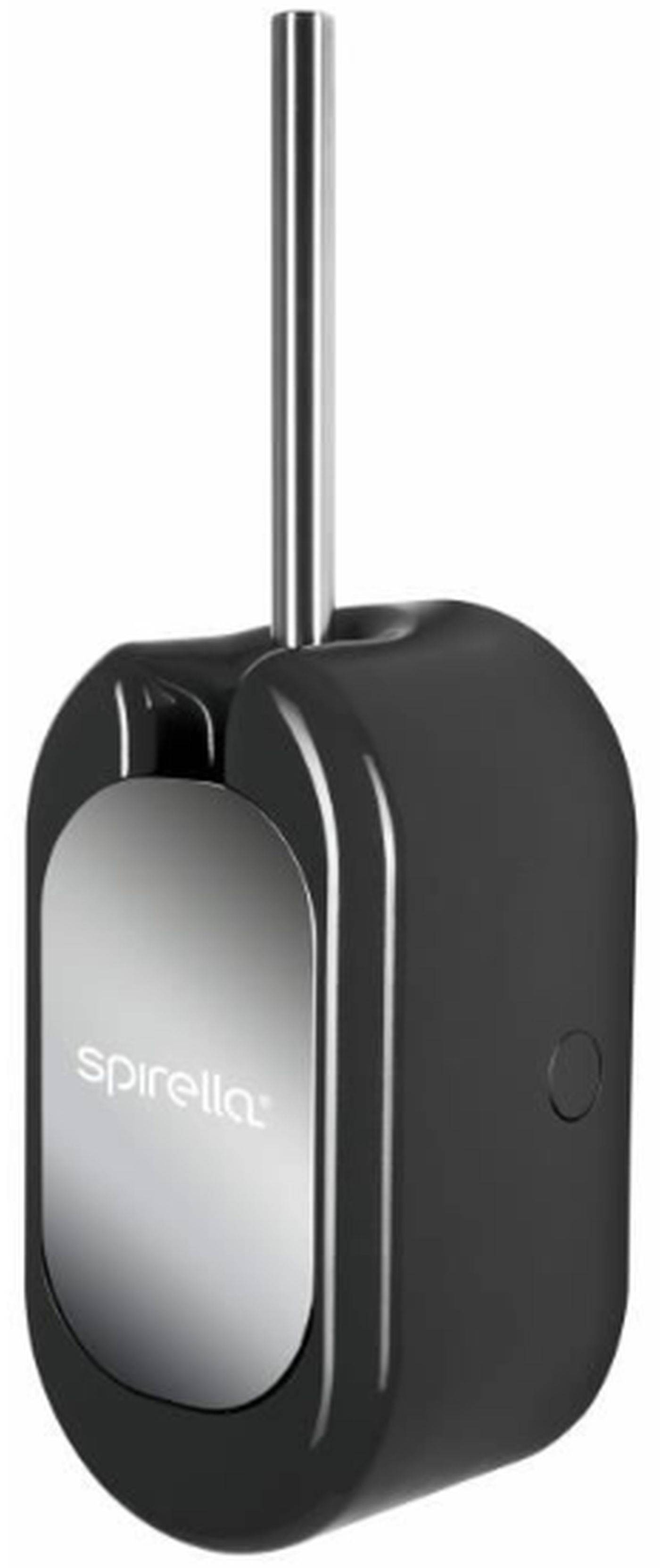 Schwarz-silberner Spirella Toilettenbürtenhalter mit langem Chromgriff auf weißem Hintergrund.