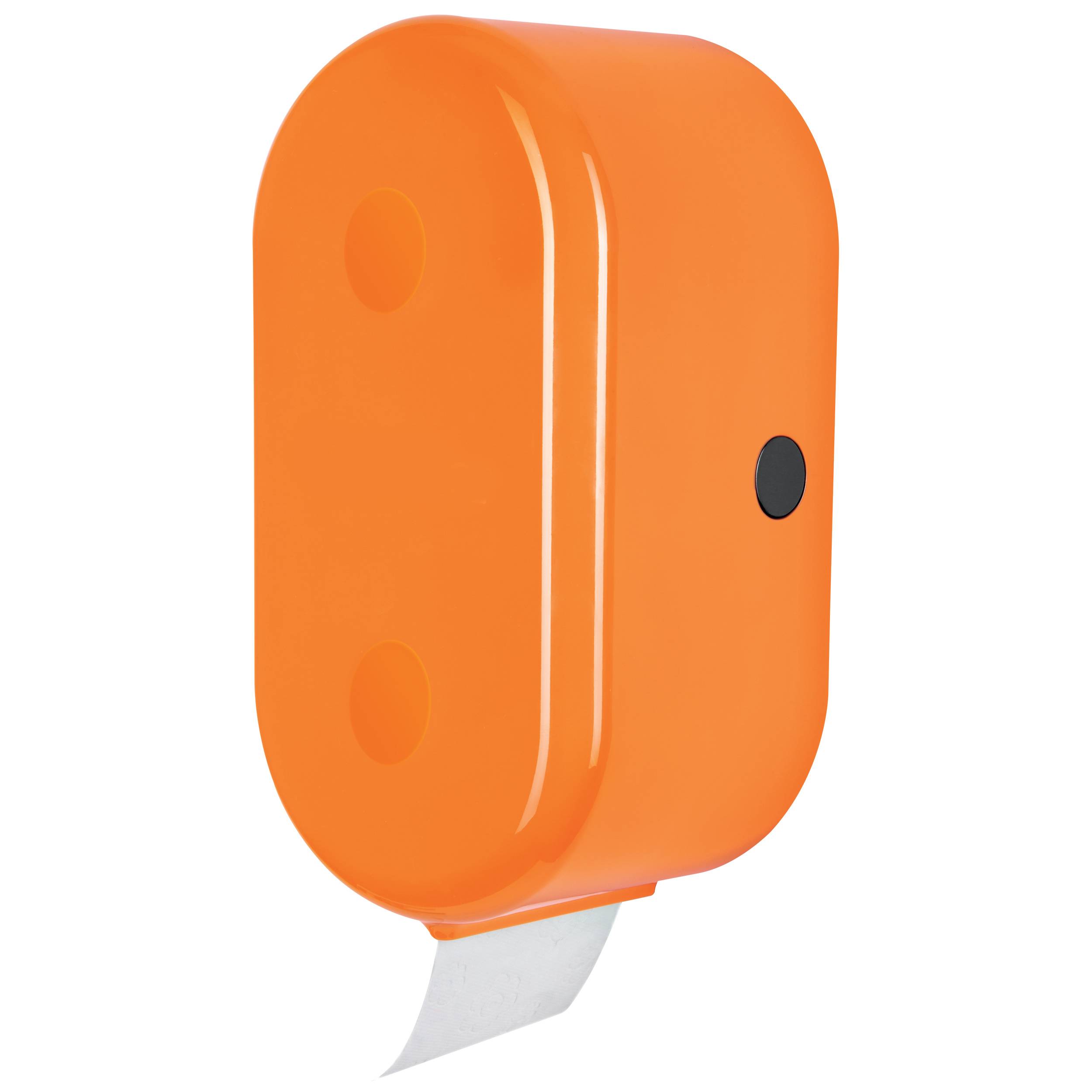 Orange an der Wand montierter Spender mit einem kleinen schwarzen Knopf und einem weißen Papierstreifen, der unten herausragt.