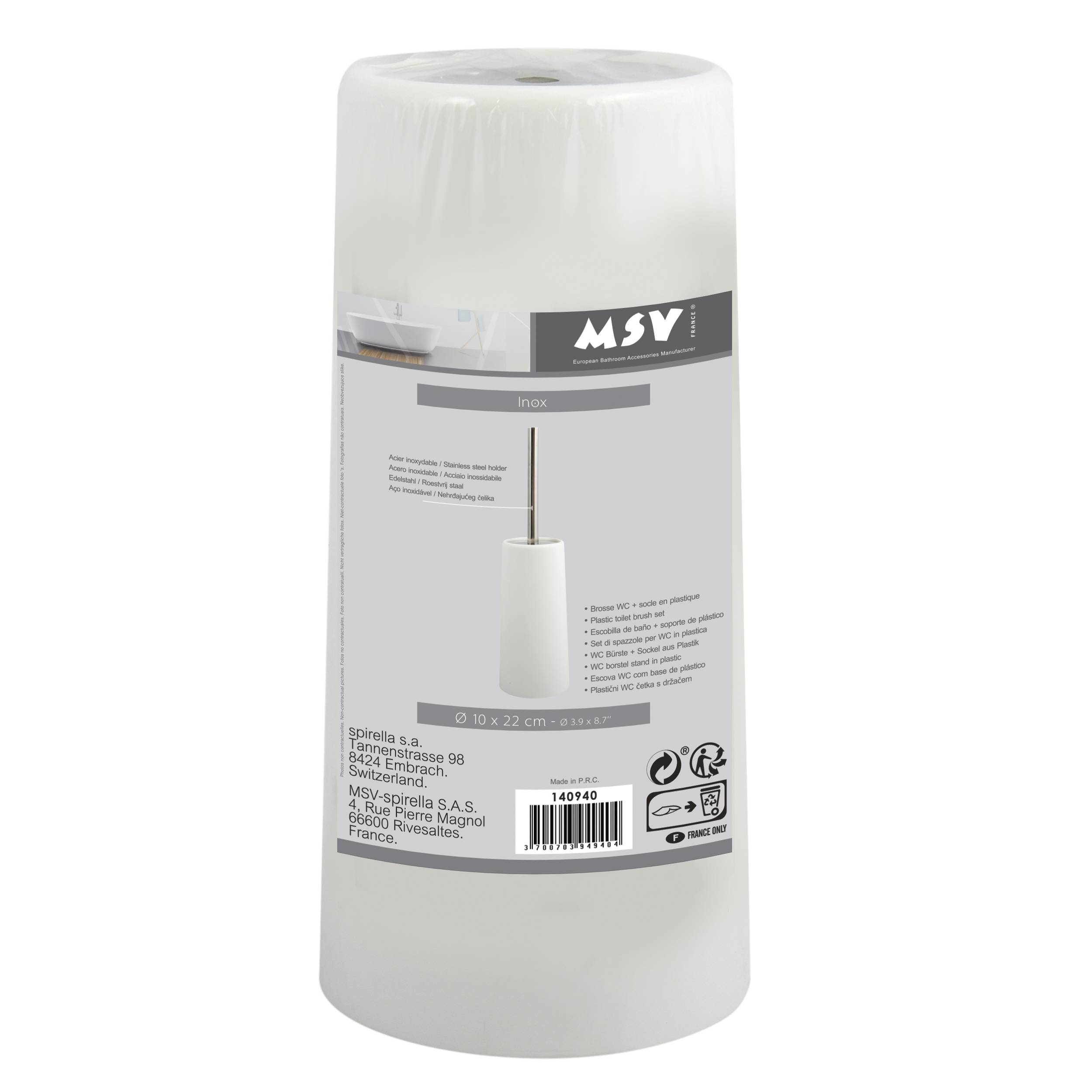 Weißer zylindrischer Haushaltsprodukts-Behälter mit grauem MSV-Etikett, Produktdetails und Barcode auf der Vorderseite.
