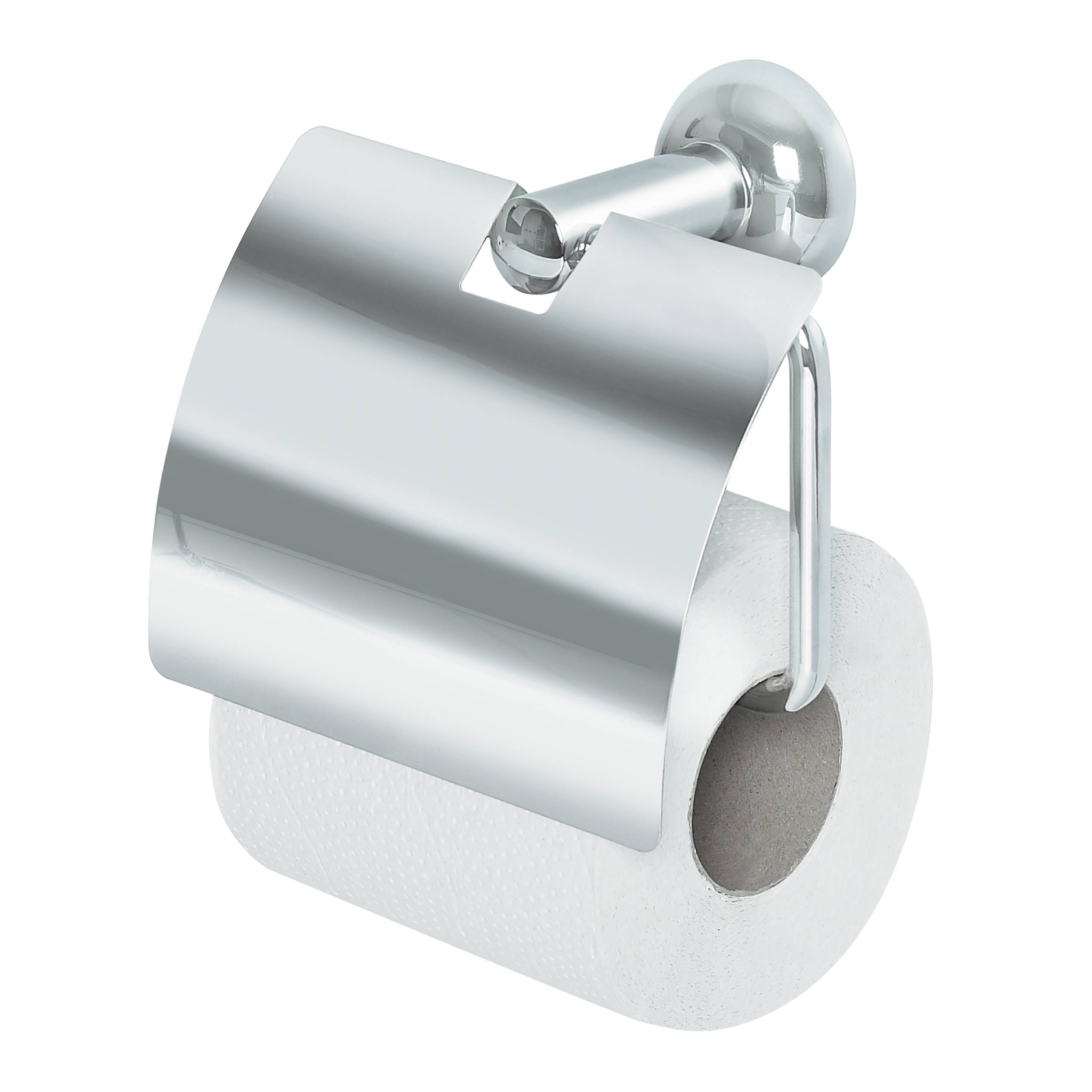 Wandmontierter Toilettenpapierhalter aus Edelstahl mit Schutzabdeckung und Rolle auf weißem Hintergrund.