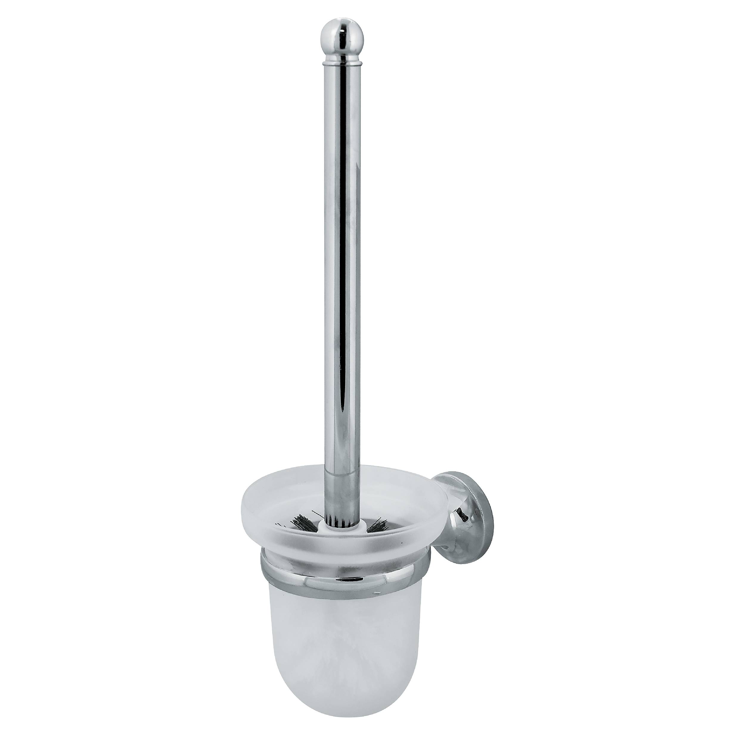 Chrombürste zur Toilettenreinigung mit Wandhalterung und Bürstengriff, der aufrecht in einem zylindrischen Behälter steht.