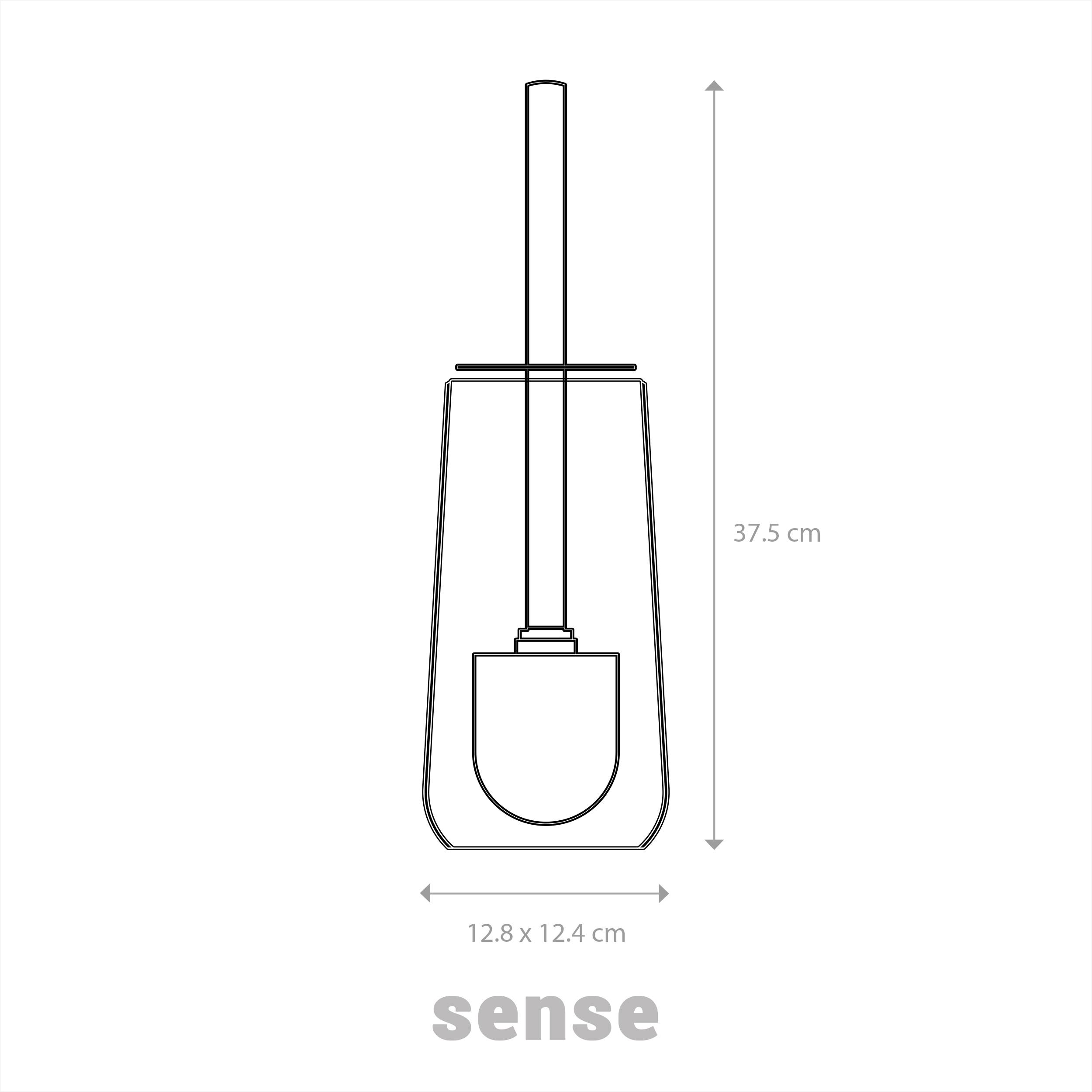 Diagramm eines Toilettenbürstaständers mit Bürste; beschriftete Abmessungen zeigen 37,5 cm Höhe und 12,8 x 12,4 cm Breite.