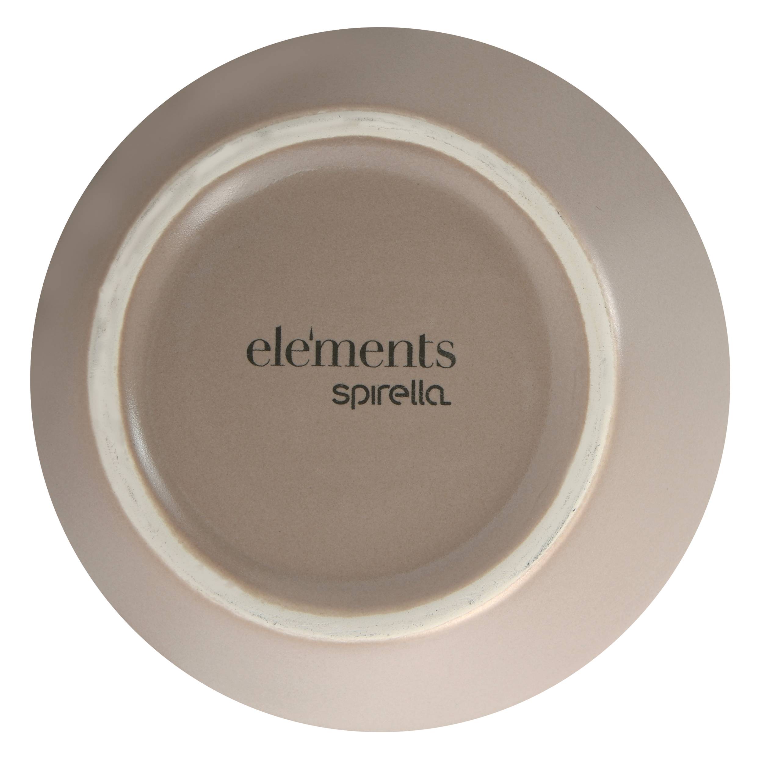 Boden eines beigefarbenen Keramikgeschirrs oder einer Tasse, in der Mitte mit der Aufschrift „elements spirella