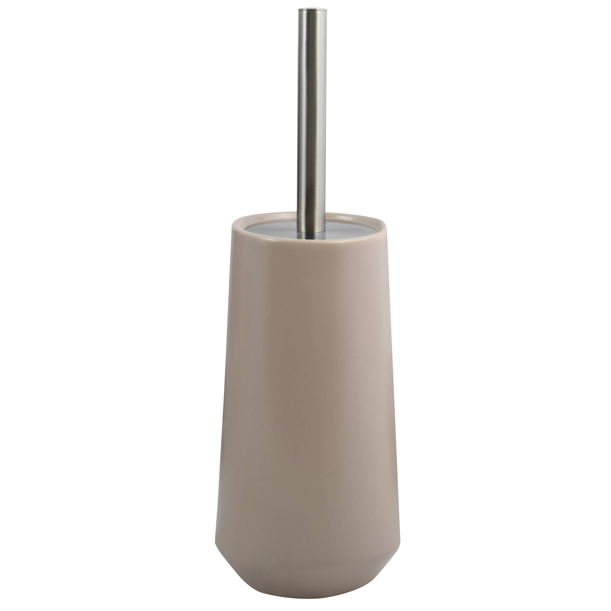 Ein beiger Toilettenbürsten halter mit einem verchromten Griff auf weißem Hintergrund.