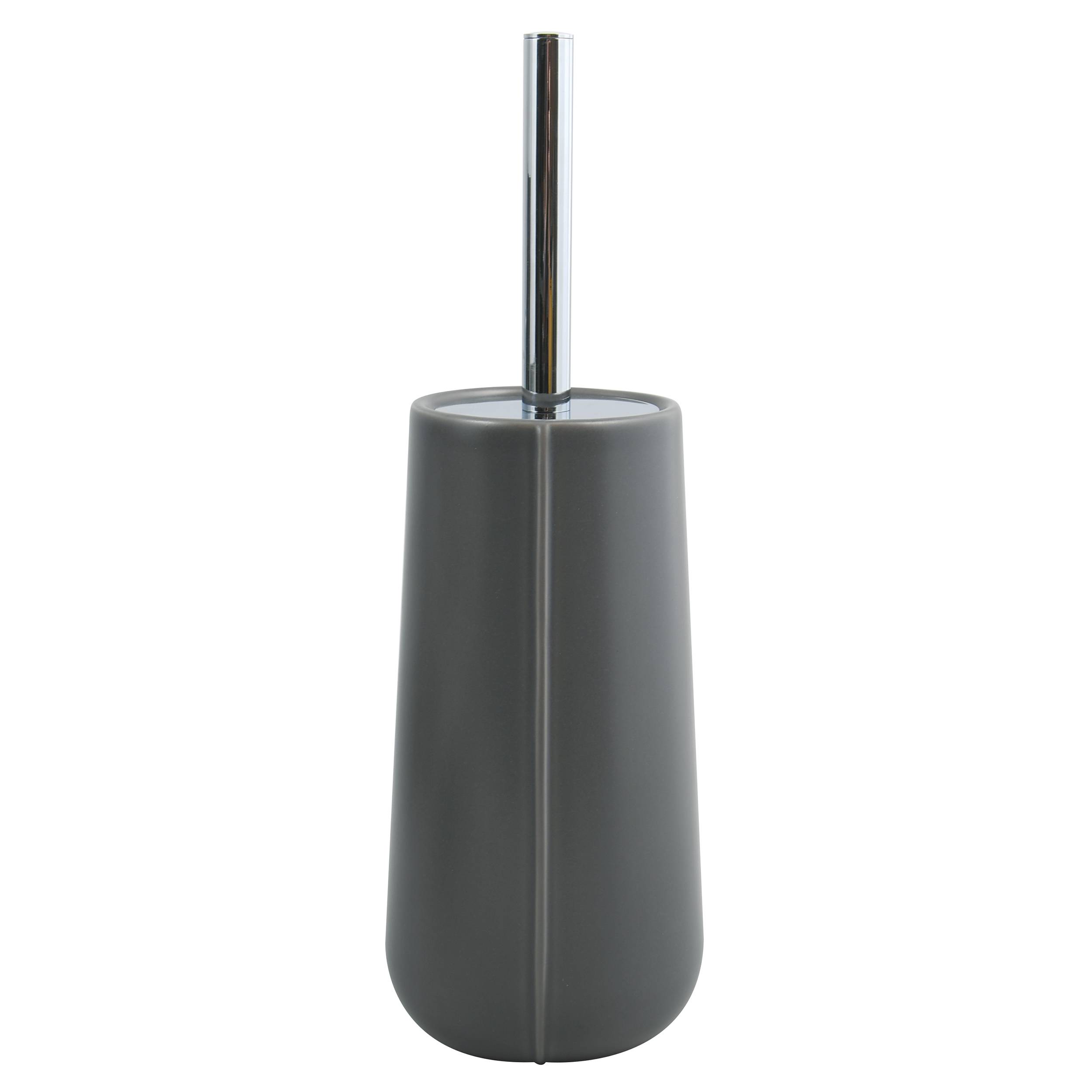 Grauer zylindrischer Toilettenbürsten-Behälter mit metallischem Griff auf weißem Hintergrund.