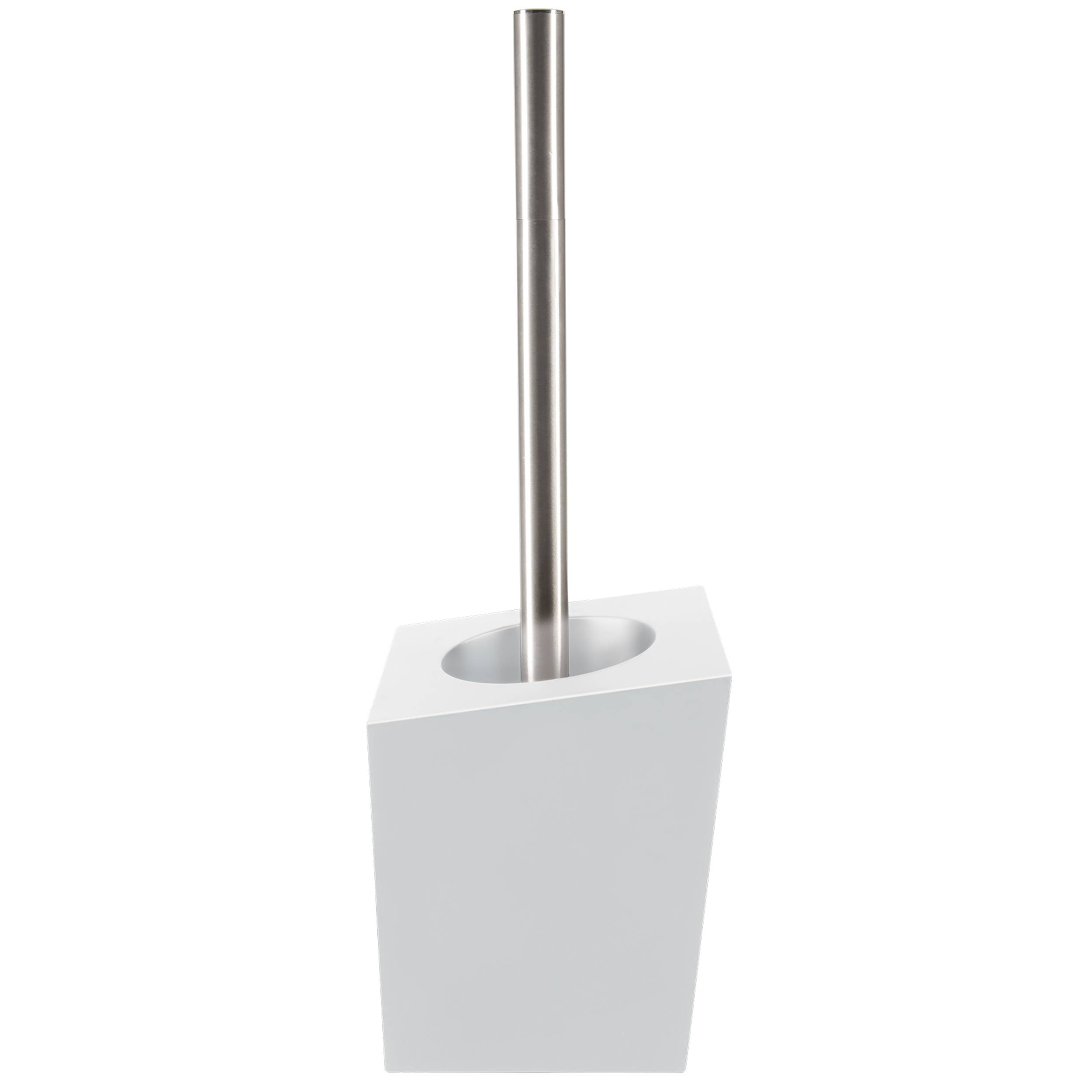 Ein weißer rechteckiger Toilettenbürsten-Halter mit einem Griff aus Edelstahl, der aufrecht auf einem einfachen weißen Hintergrund steht.
