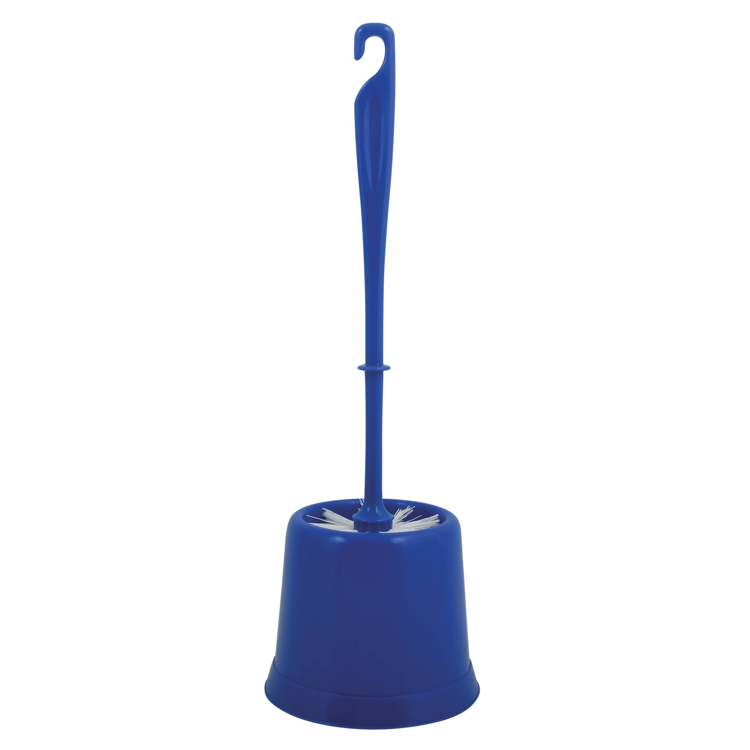 Blaue Toilettenbürste mit passendem Halter auf weißem Hintergrund.