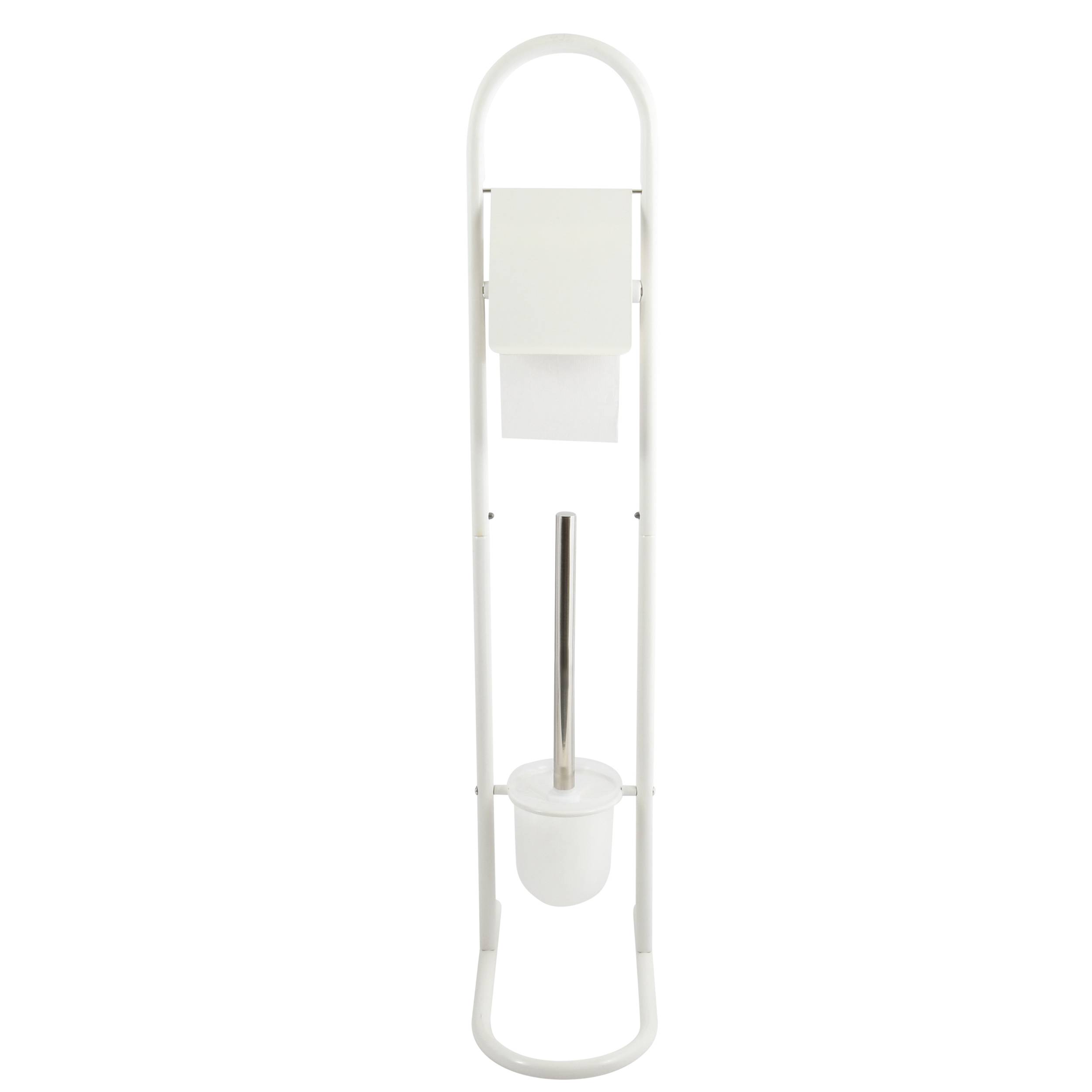 Weißer freistehender Toilettenpapierhalter mit Aufbewahrungsfach und Bürstenhalter an der Basis.