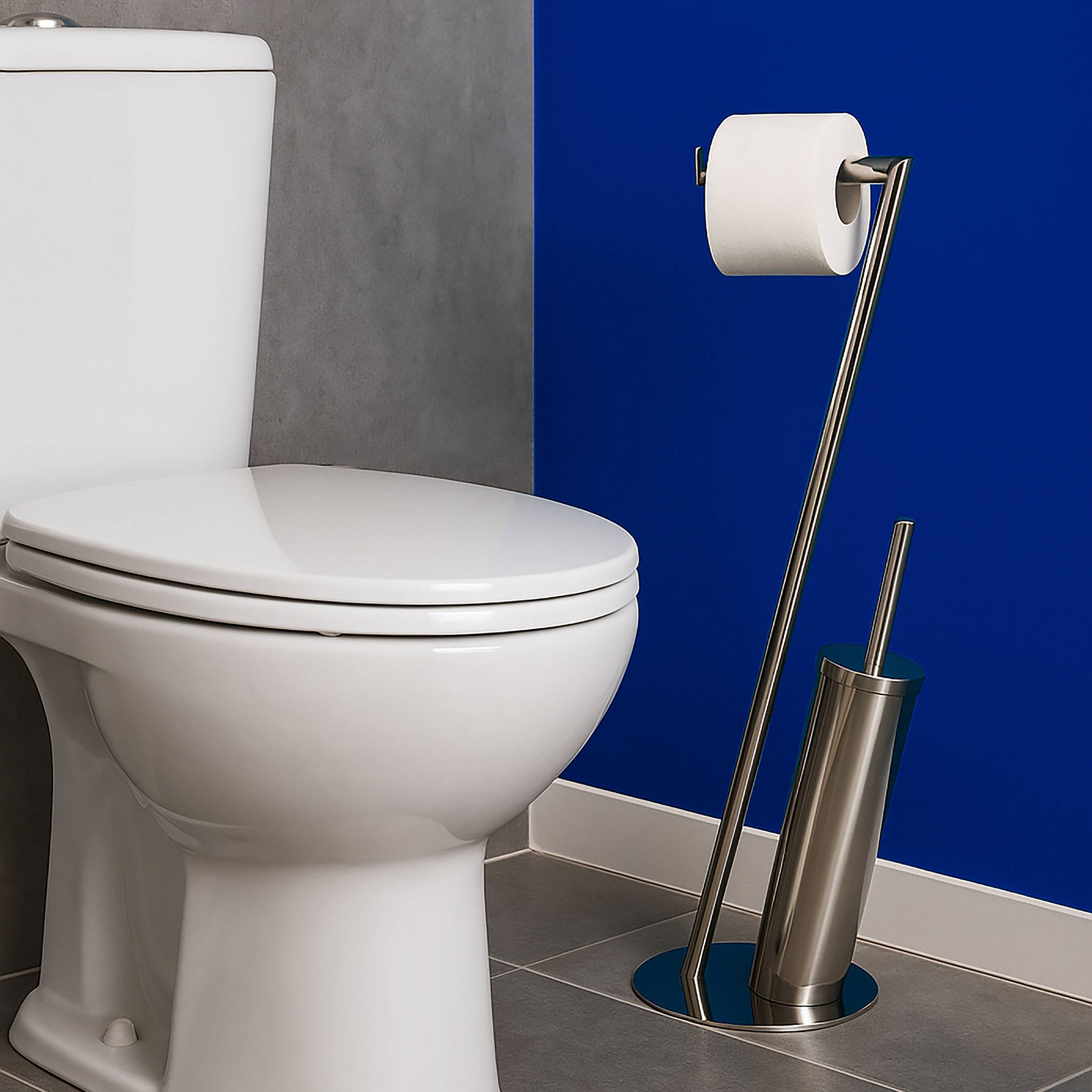 Modernes weißes Klosett neben einem Toilettenpapierhalter und einer Bürste auf einem graufliesenbedeckten Boden, vor einer leuchtend blauen Wand.