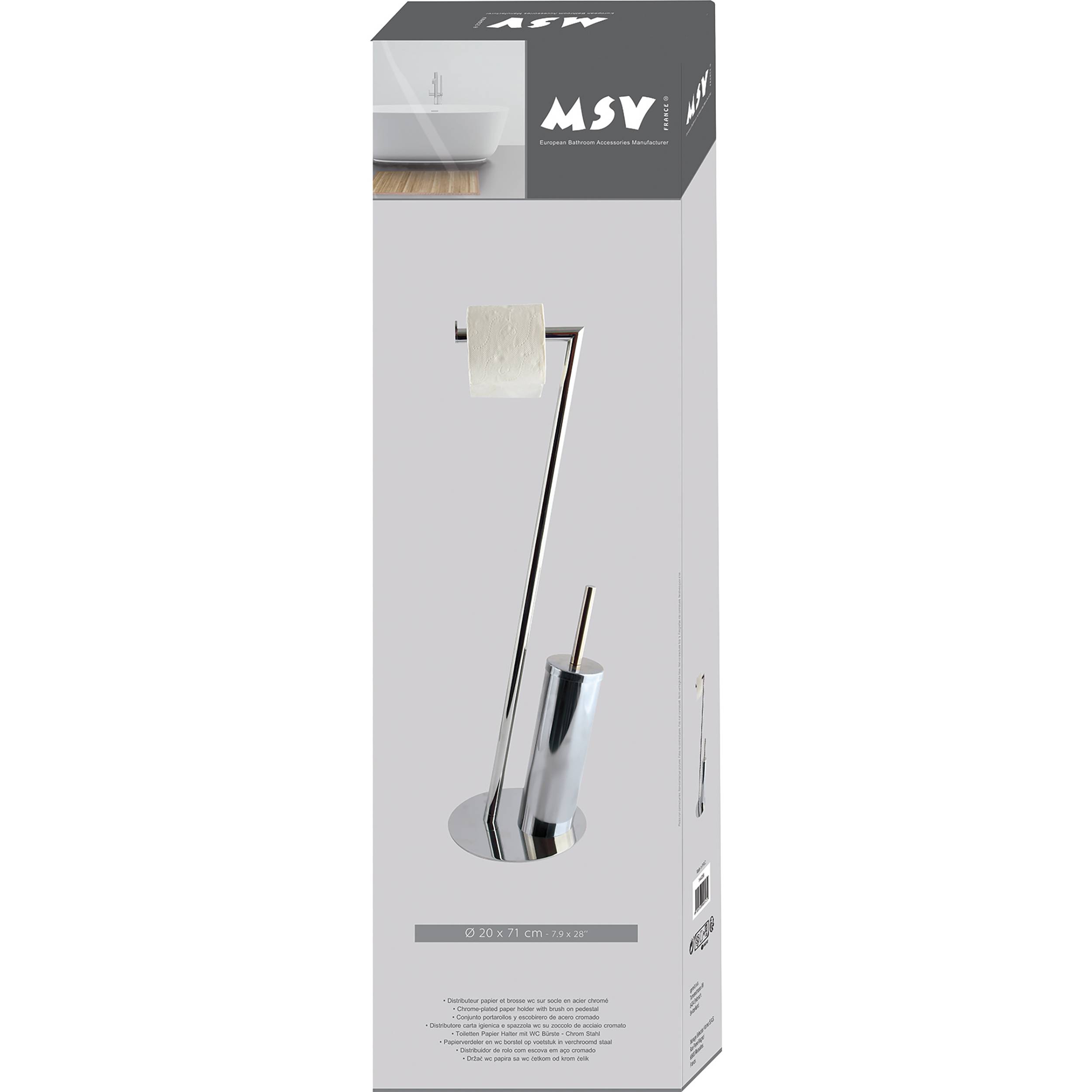 Packung eines verchromten Toilettenpapierhalters mit Bürste und Ständer, dargestellt als Produktkarton mit MSV-Branding.