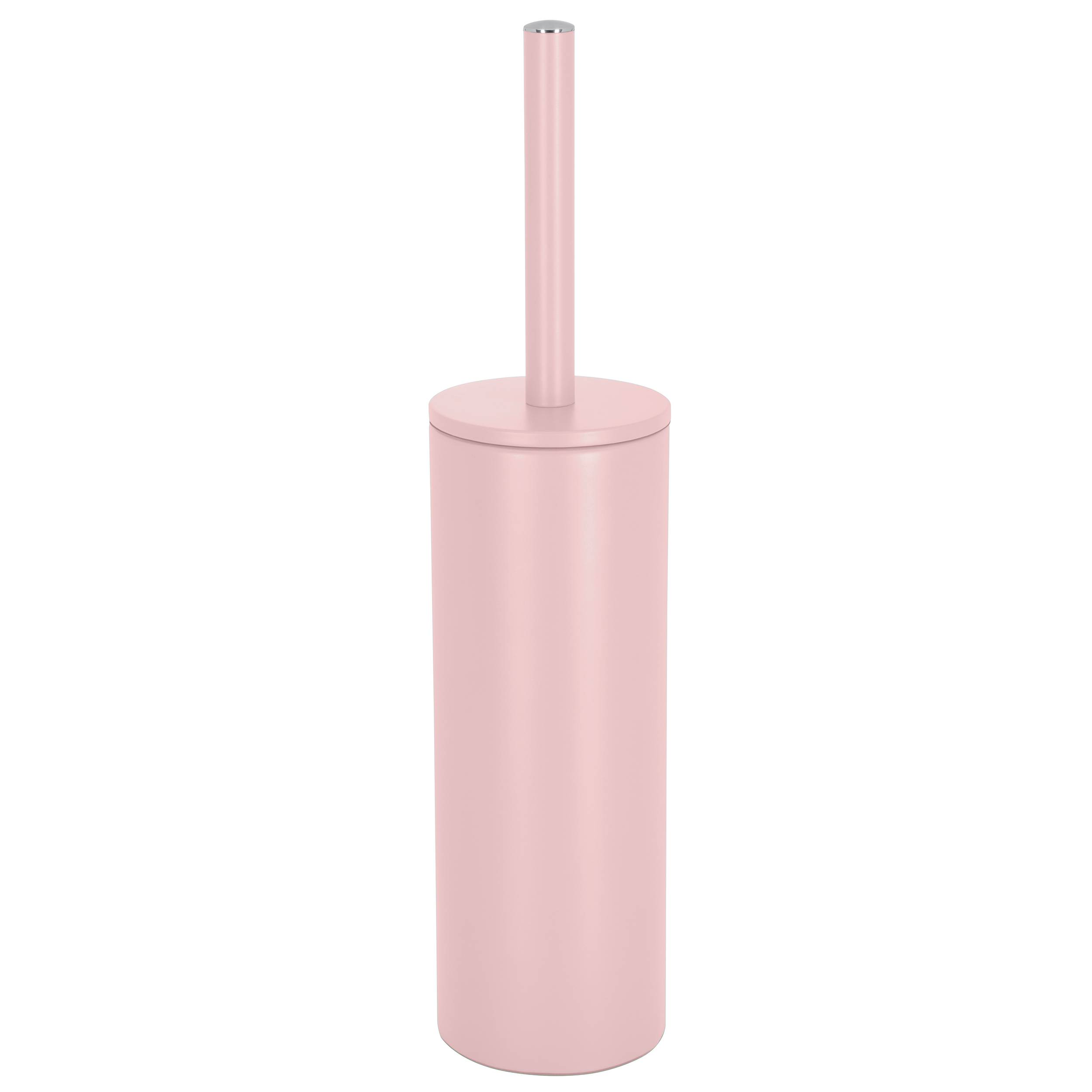 Rosa Toilettenbürste mit zylindrischem Behälter und passendem Griff auf weißem Hintergrund.