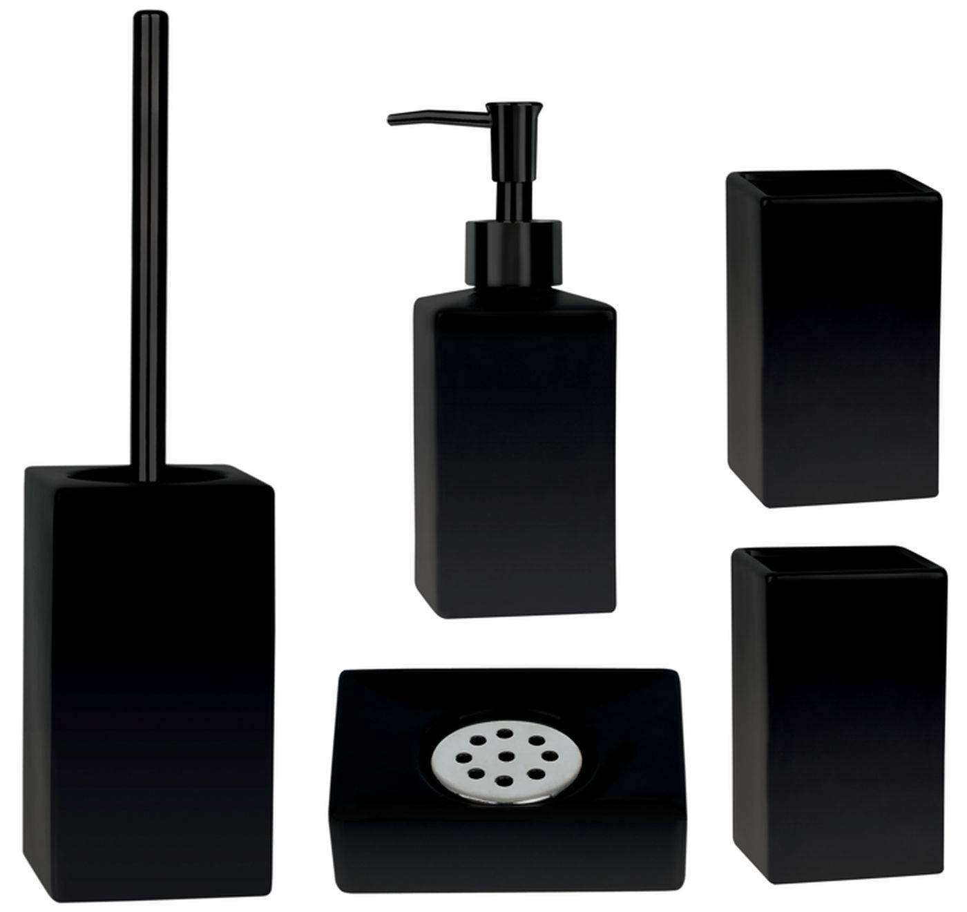 Schwarzes Badezimmer-Zubehörset mit Toilettenbürste, Seifenspender, Zahnputzbecher, Taschentuchboxabdeckung und Seifenschale mit Ablaufeinsatz.