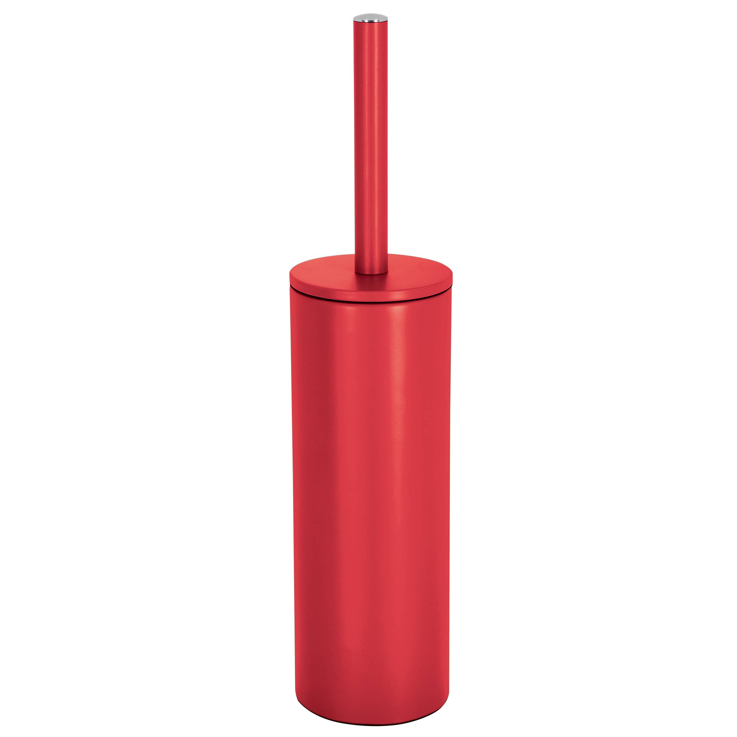 Roter zylindrischer Toilettenbürsten-Halter mit passendem langem Griff auf weißem Hintergrund.
