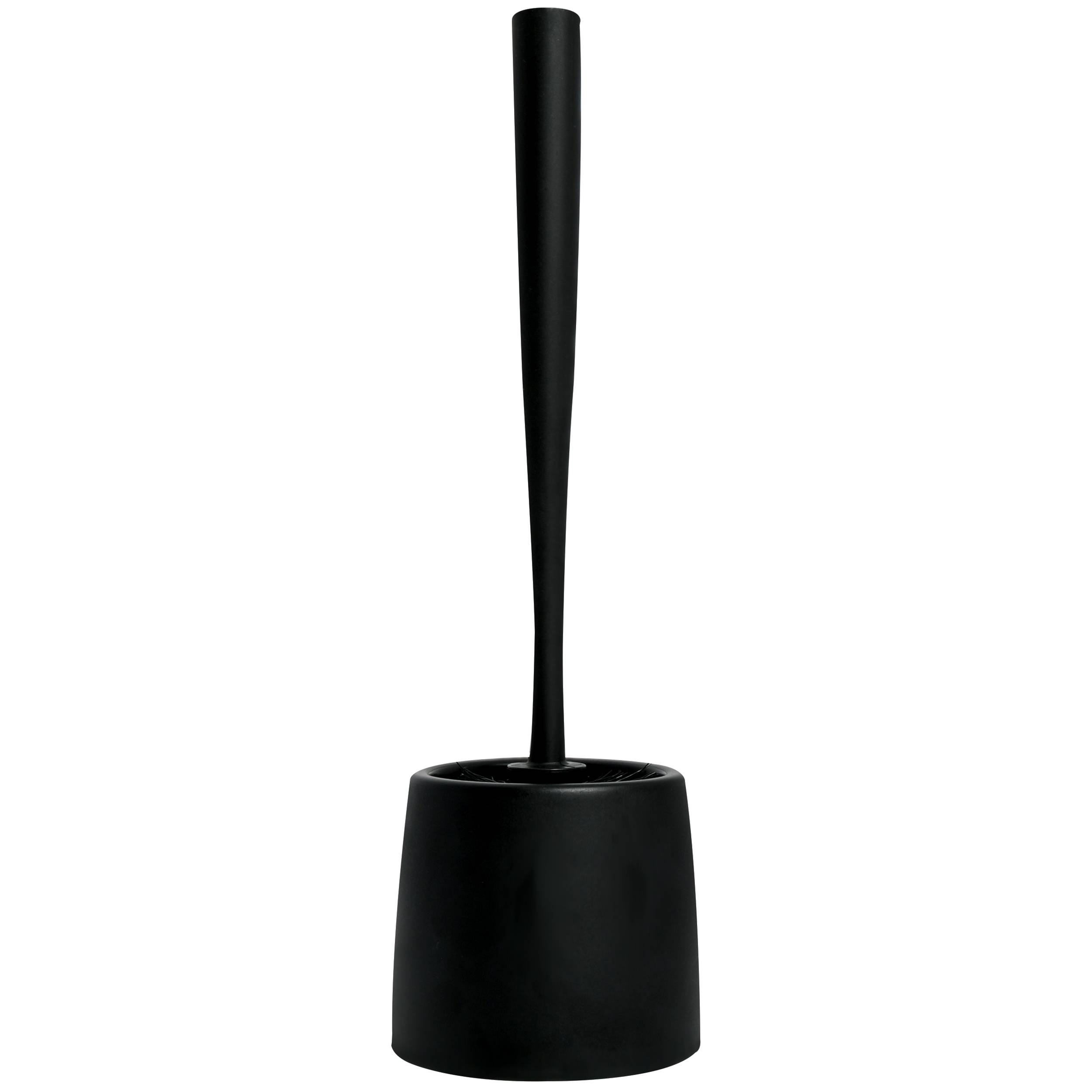 Schwarze Toilettenbürste in einem passenden zylindrischen Behälter auf weißem Hintergrund.