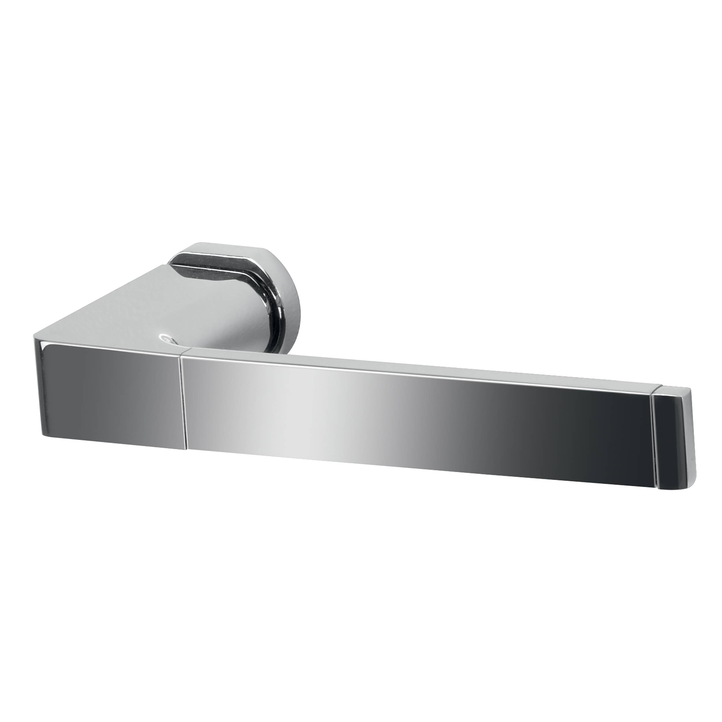 Verchromter Türgriff mit Hebelform auf quadratischer Basis, isoliert auf weißem Hintergrund dargestellt.