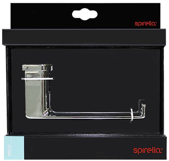 Spirella Metall-Toilettenpapierhalter verpackt in einer schwarzen Einzelhandelsbox mit transparenter Kunststoff-Befestigungshardware.