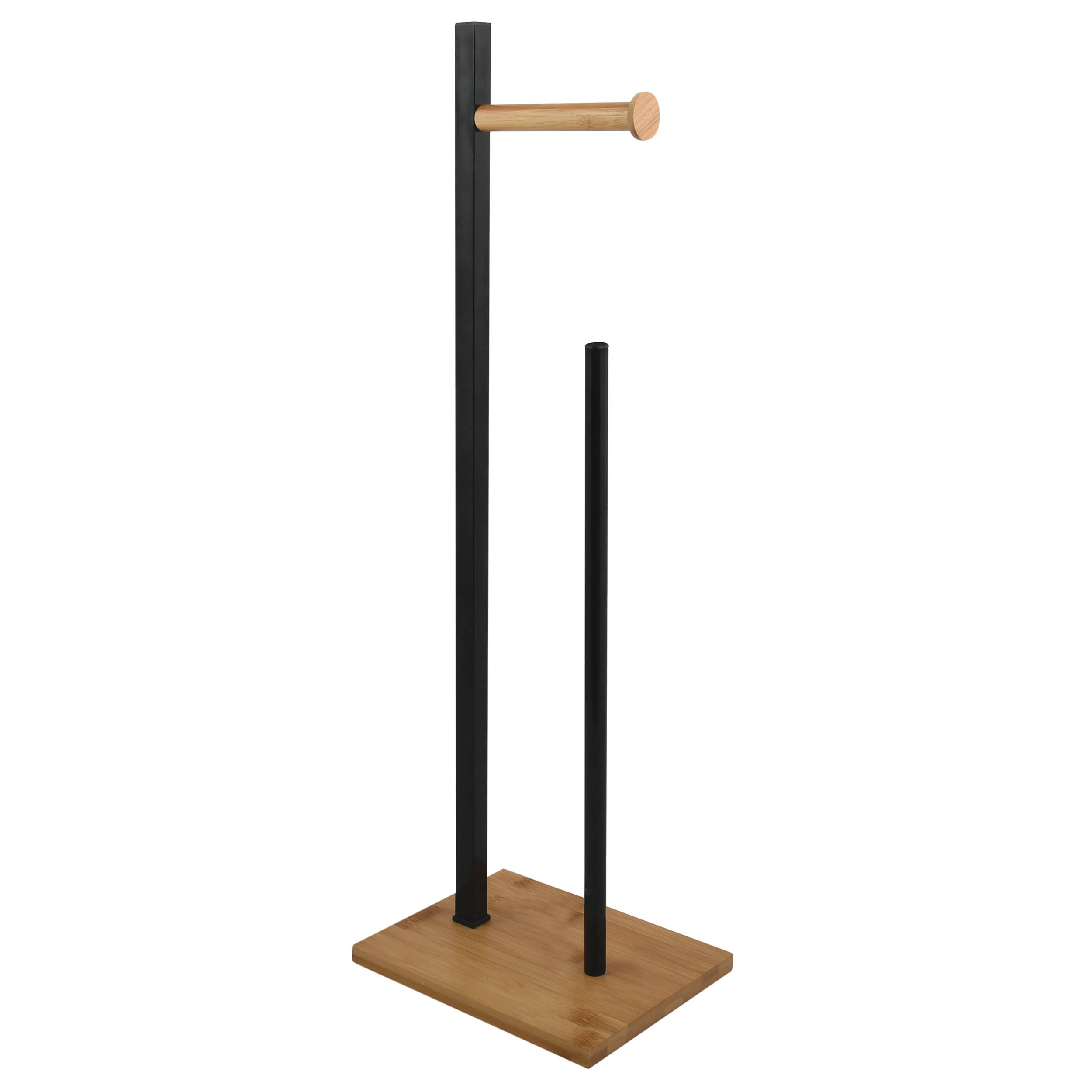 Freistehendes Holz-Küchenrollenhalter mit zwei schwarzen Metallpfosten, einer mit einem horizontalen Stift oben zum Aufhängen einer Rolle.