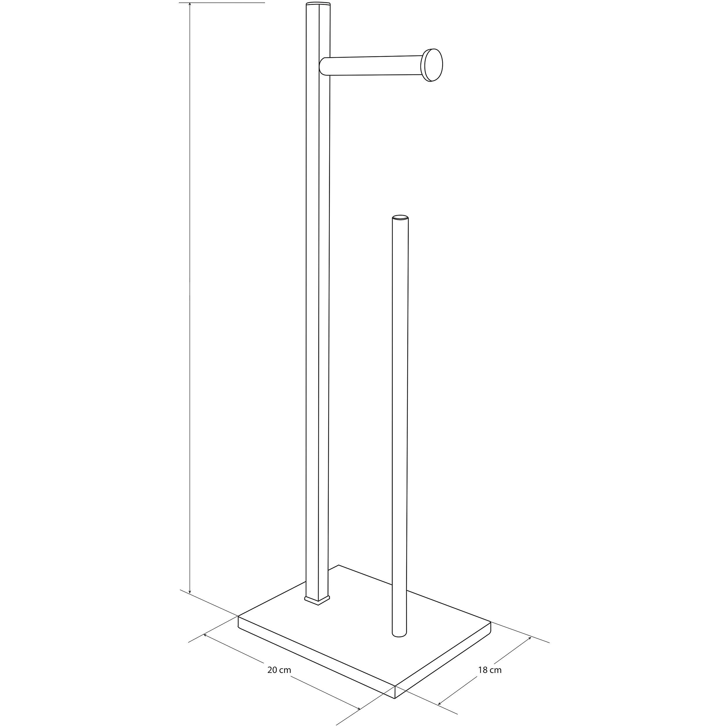 Technische Strichzeichnung eines Handtuchständers mit zwei vertikalen Pfosten auf einer rechteckigen Basis, einer mit einem horizontalen Arm; Basis misst 20 cm mal 18 cm.