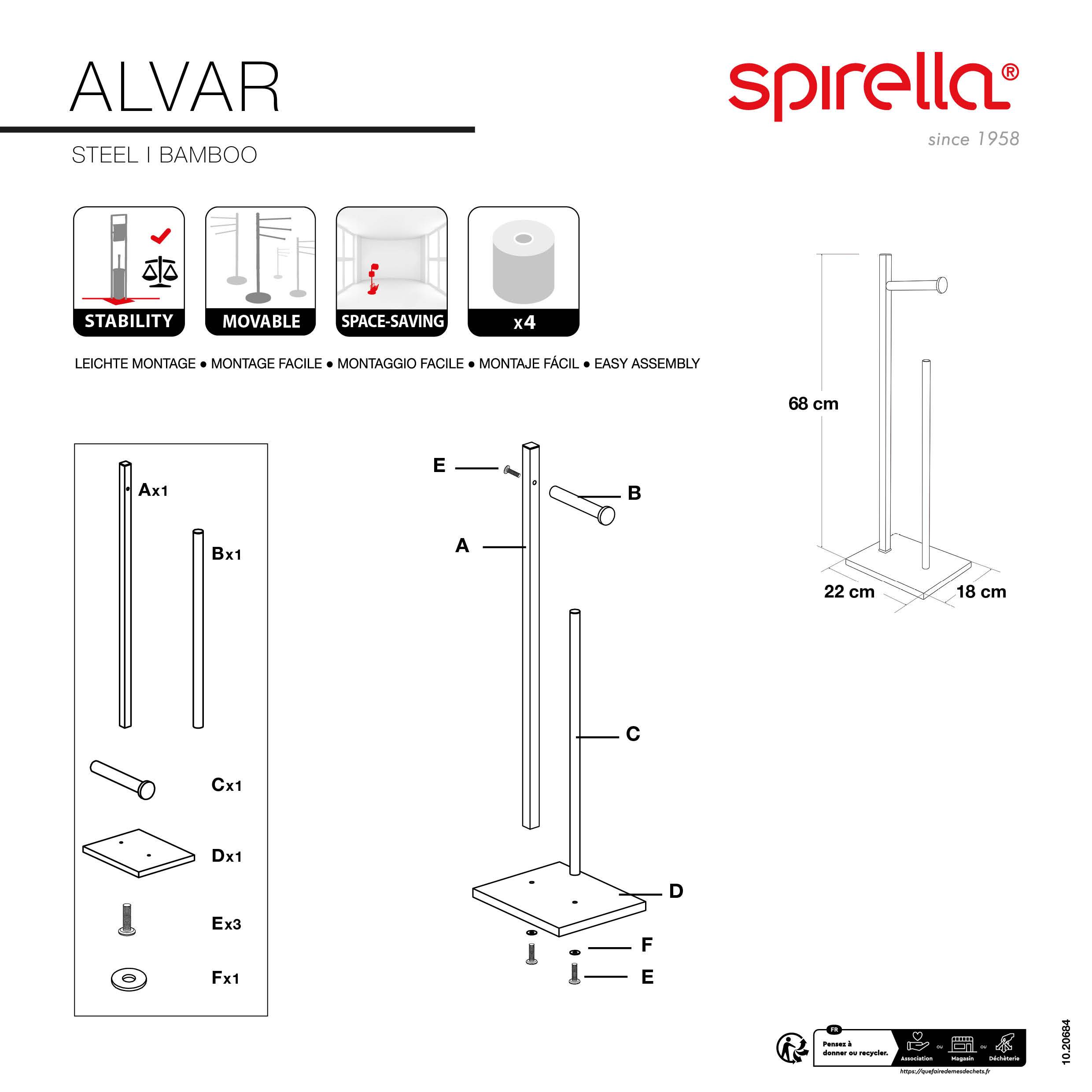 Montageanleitung für das 'ALVAR' Stahl- und Bambus-Handtuchständer zum Aufstellen, mit Teileliste, Symbolen für Stabilität/Beweglichkeit/Platzsparend und endgültige Größe 68 cm Höhe x 22 cm Breite x 18 cm Tiefe.