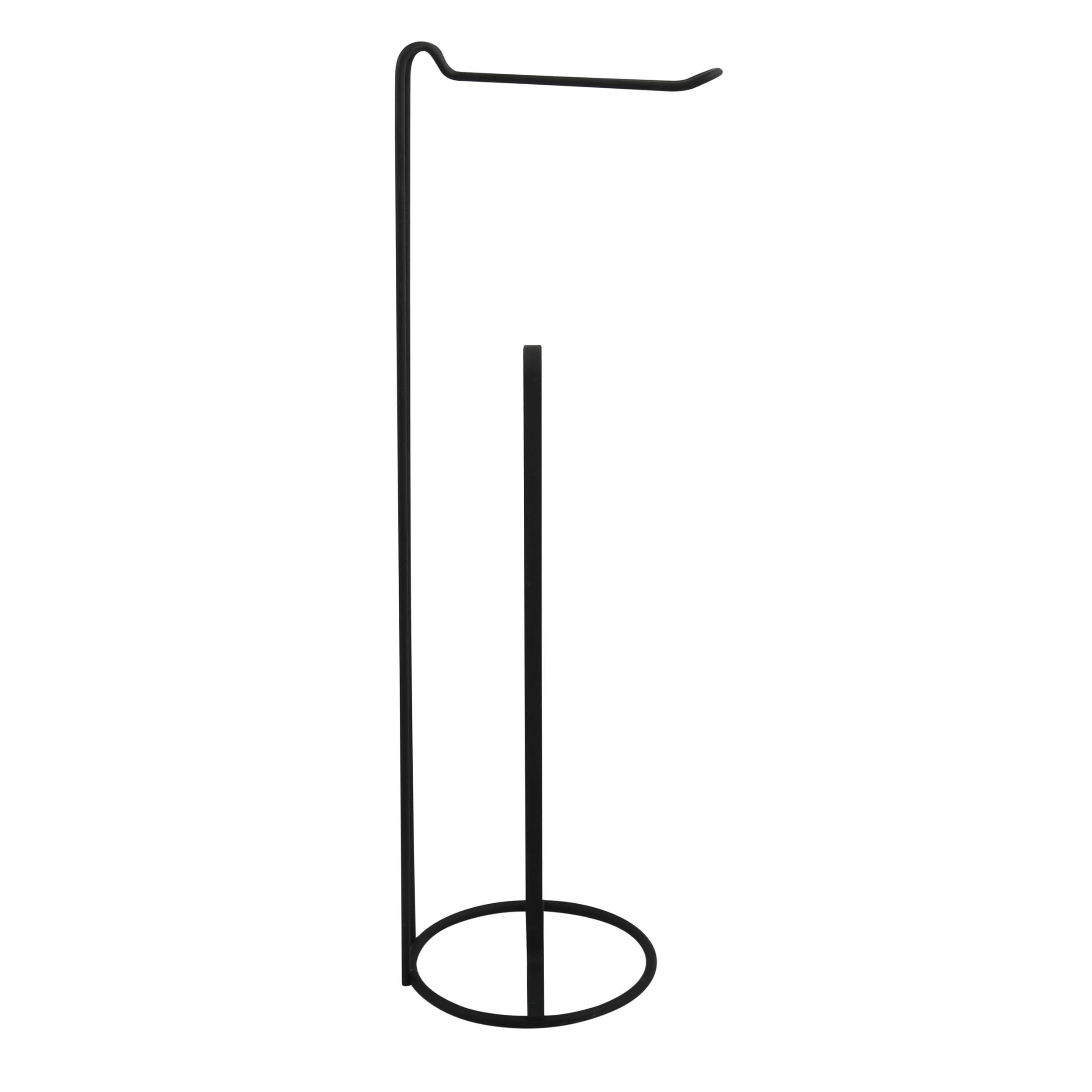 Minimalistischer schwarzer Metallständer zum Aufstellen mit oberer Halterung und kreisförmiger Basis, dargestellt auf weißem Hintergrund.