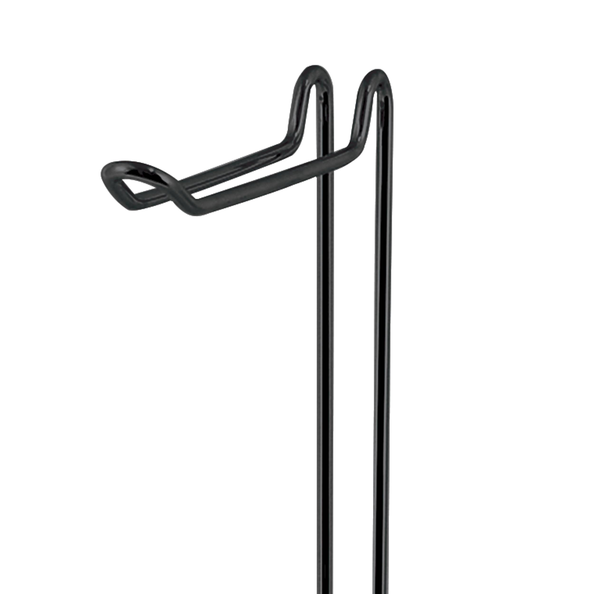 Schwarzer Metallhaken mit Clip, zwei vertikalen Zacken und einem gebogenen horizontalen Arm zum Aufhängen oder Greifen von Gegenständen auf einem Gestell.