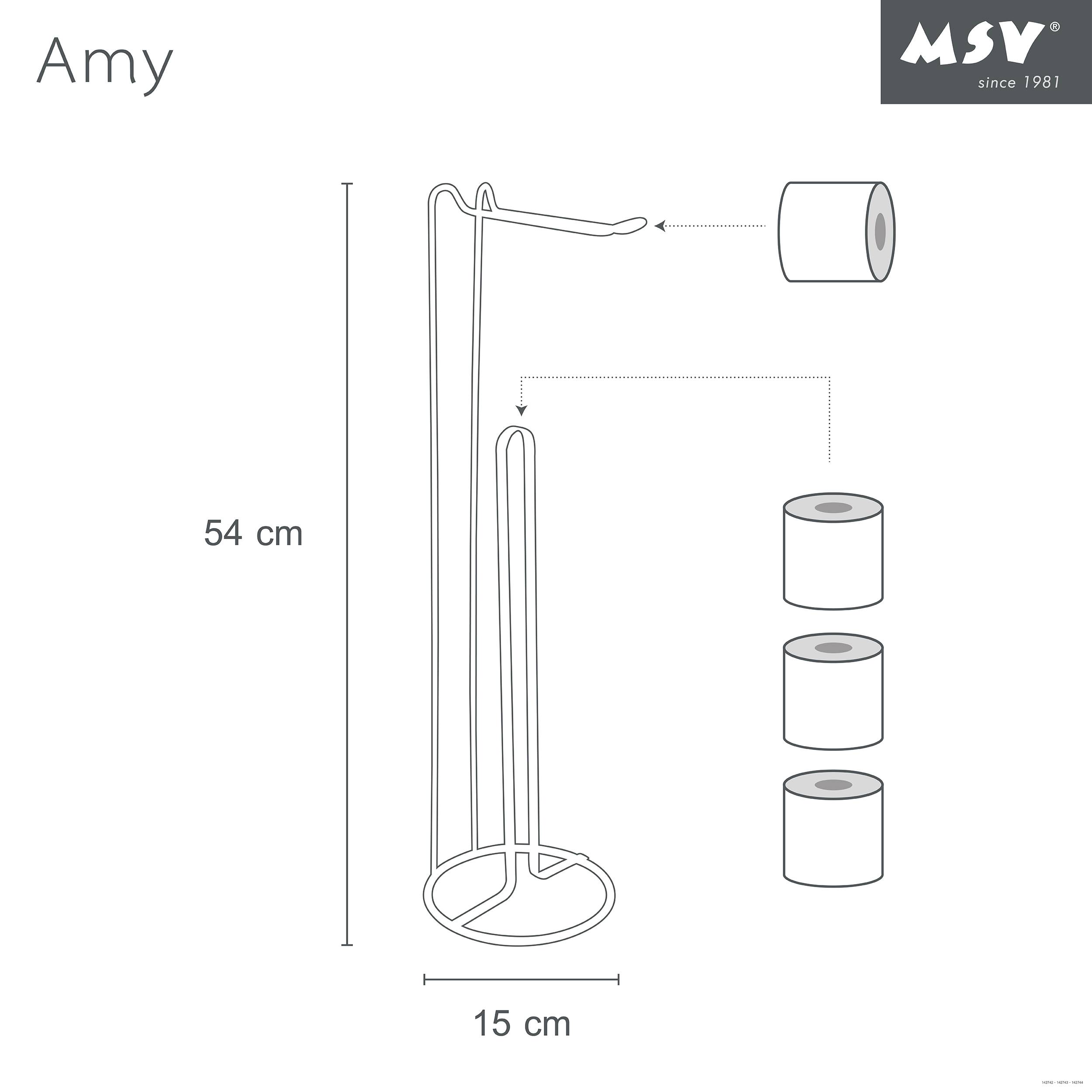Diagramm eines MSV 'Amy' Toilettenpapierhalters mit einer Höhe von 54 cm und einer Basisbrei von 15 cm, mit Platz für drei Rollen.