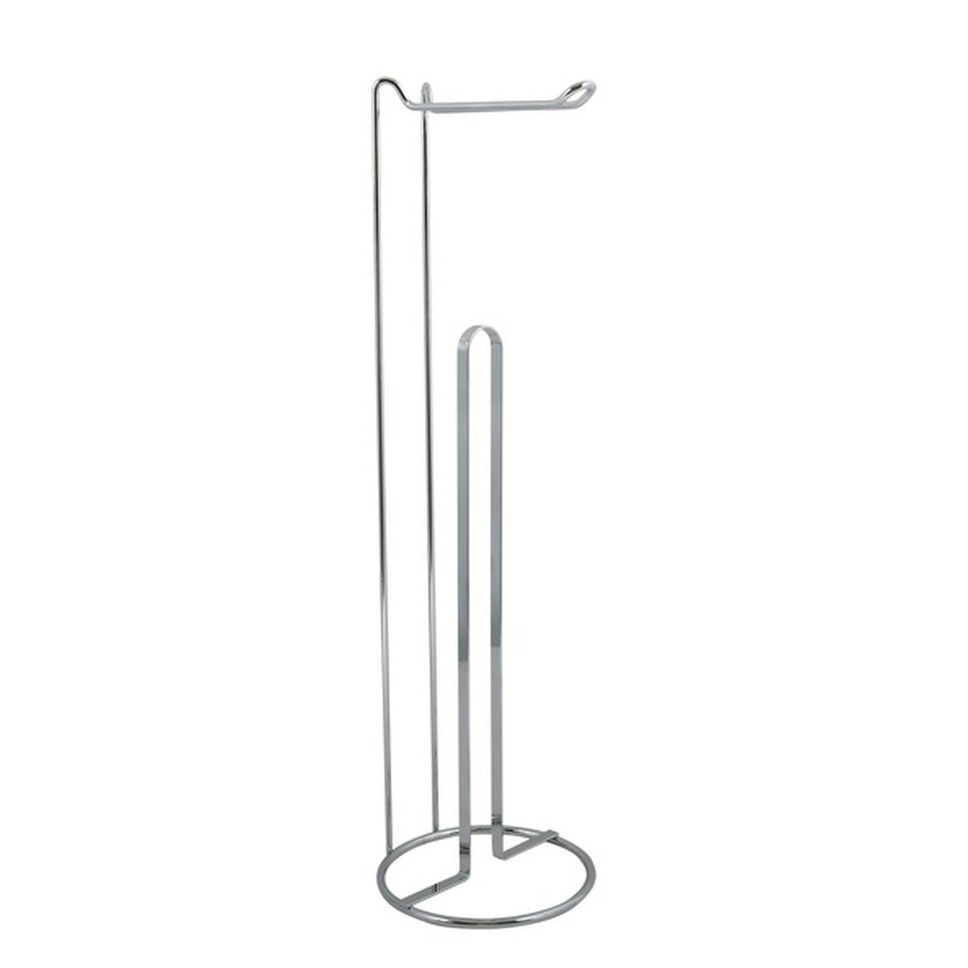 Freistehender Toilettenpapierhalter aus Metall mit vertikalem Pfosten und rundem Sockel, gekrönt durch einen horizontalen Arm zum Halten einer Rolle.