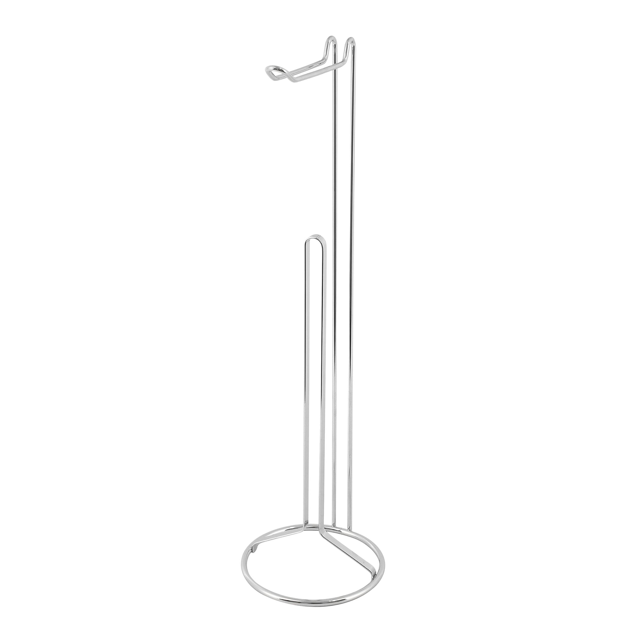 Edelstahl-Toilettenpapierhalter mit kreisförmiger Basis und vertikalem Haken zum Aufhängen einer Rolle.