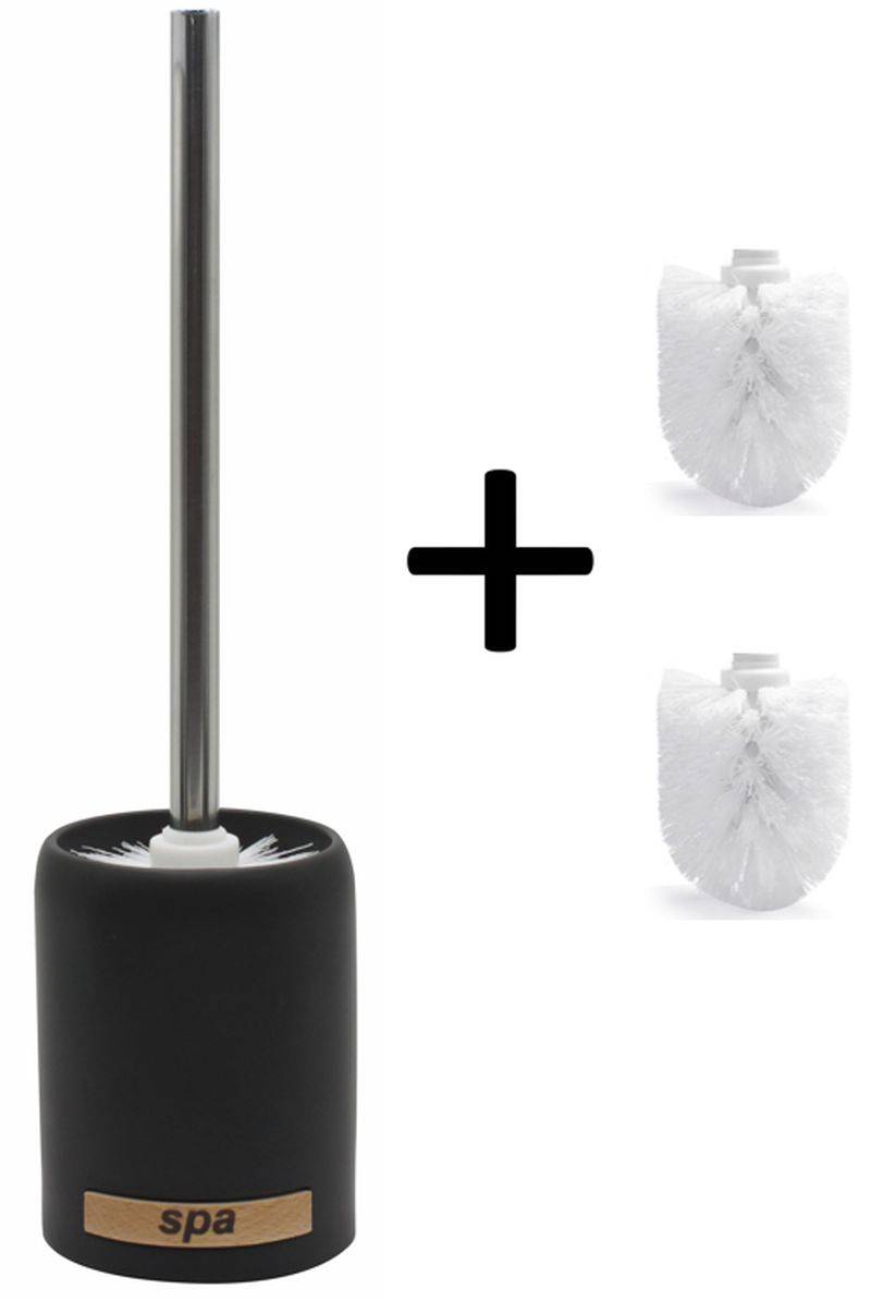 Toilettenbürstenhalter mit Metallgriff und schwarzem Sockel mit der Bezeichnung „spa", gezeigt mit zwei weißen Ersatzbürstenköpfen.