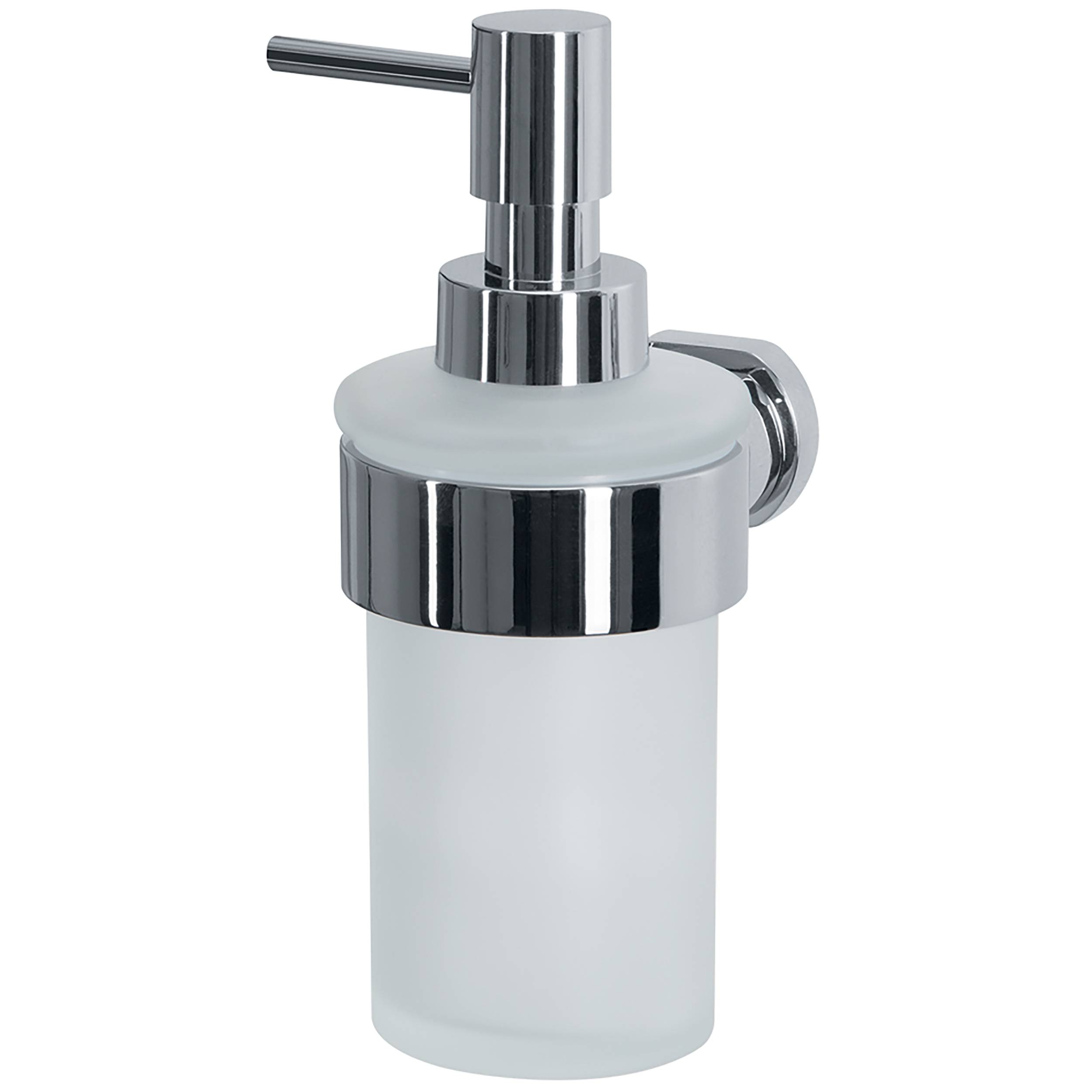 Chrom- und Milchglasseifenspender mit Pumpenverschluss, abgebildet vor weißem Hintergrund.