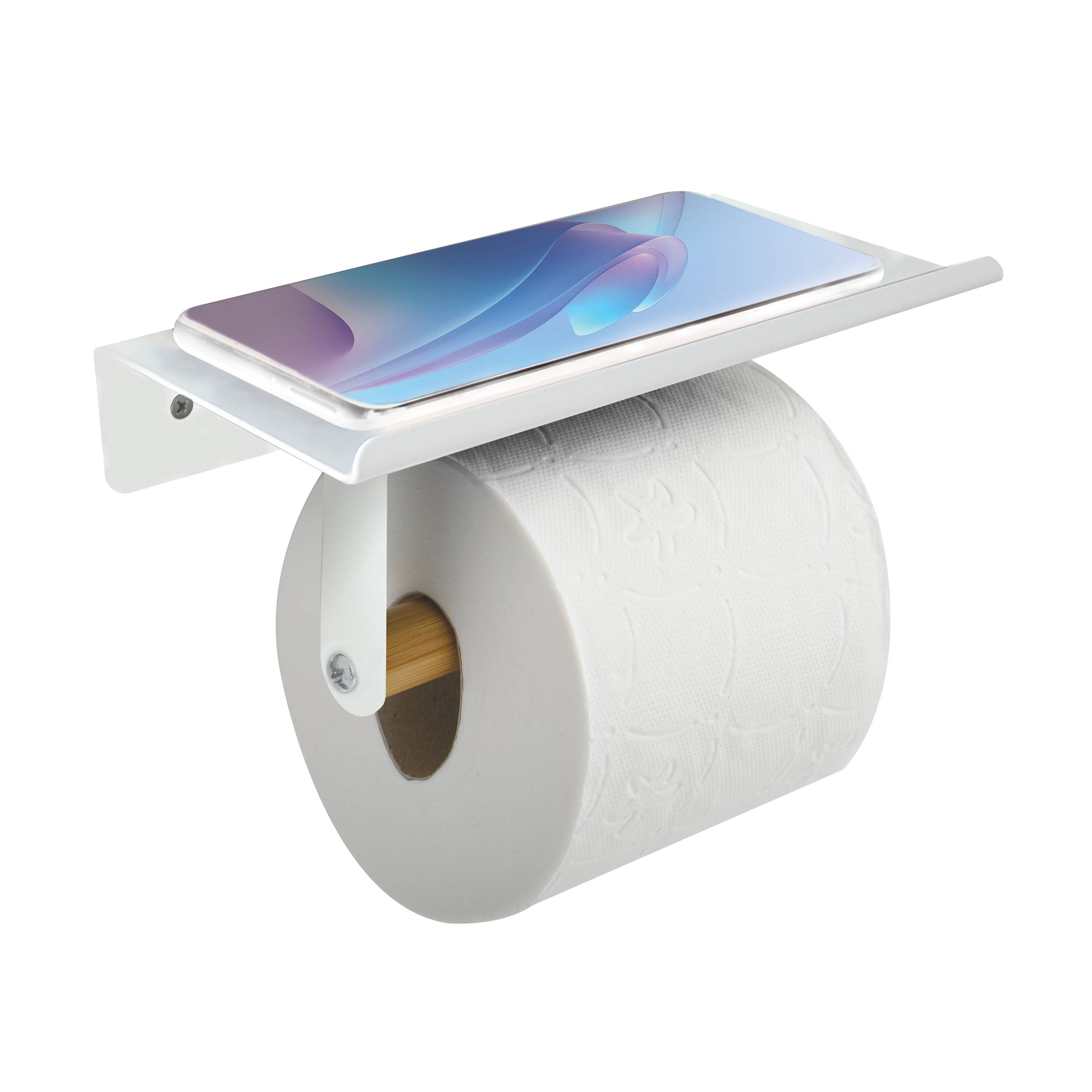 Toilettenpapierhalter mit Telefonablage, der ein Smartphone über einer Rolle Toilettenpapier hält.