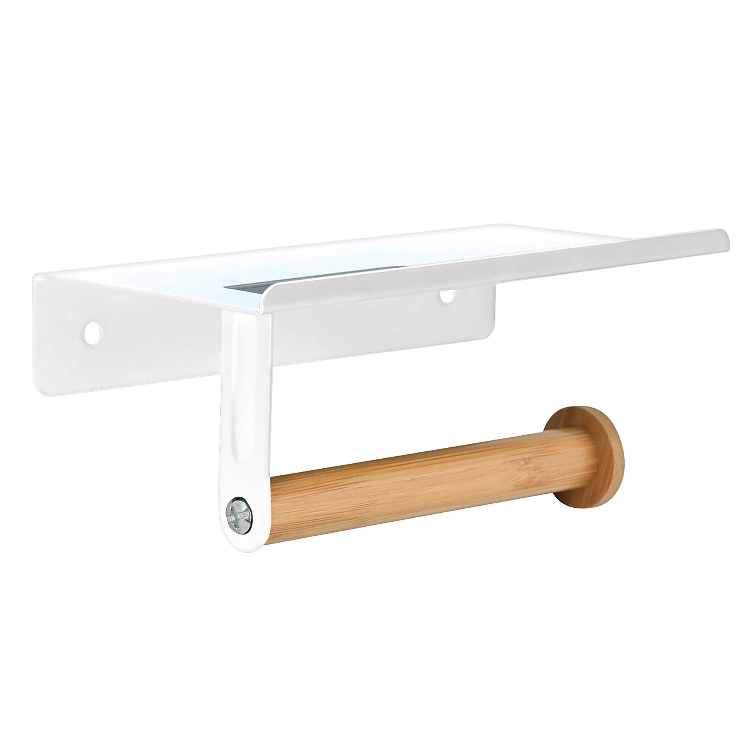 Weißer an der Wand montierter Papierhalter mit Bambus-Rollstange und integriertem Regal auf neutralem Hintergrund.